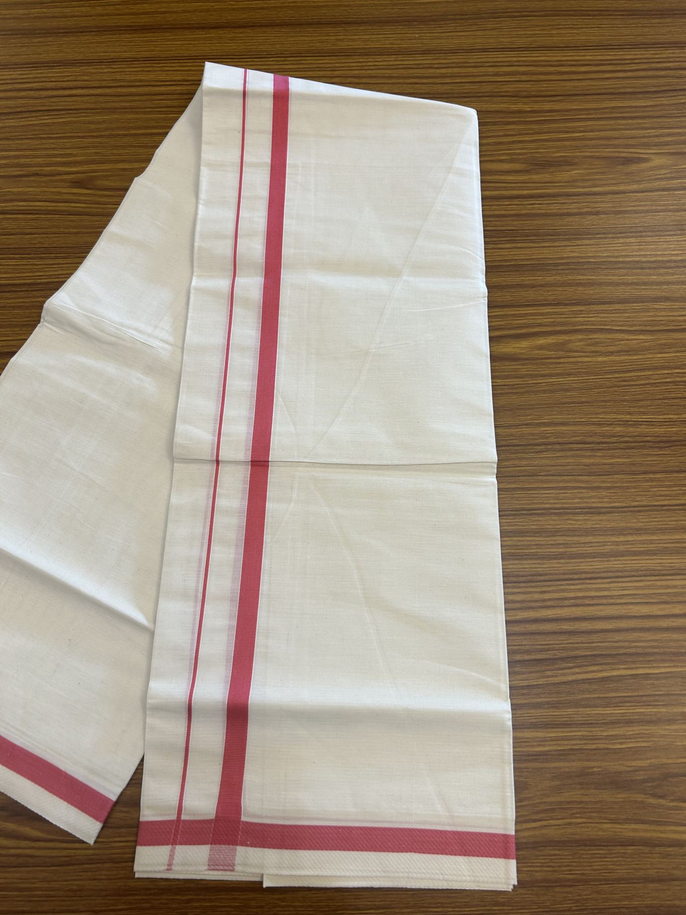 7% Discount! KaithariKada Balaramapuram 100% Cotton Single Off White - (Unbleached) Mundu/Dhoti - 100x80 - 0.5 inch Silver Kasav & Red pink kara (2 meter / 4 muzham) - 63 KK52313 PMC