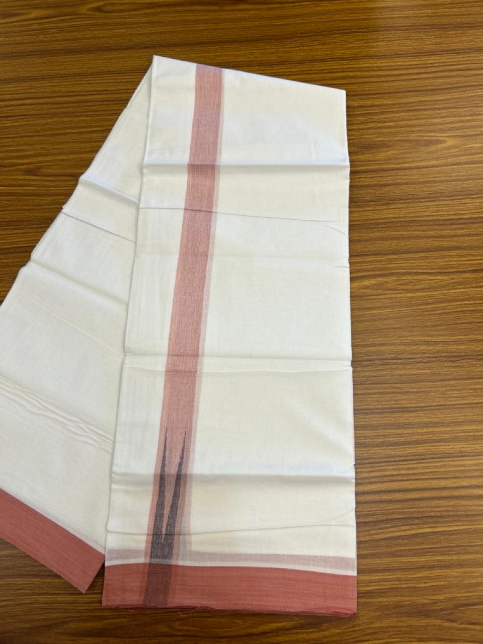20% Discount! KaithariKada Balaramapuram 100% Cotton Double Pure white Mundu/Dhoti- 100x80 - 1.5 inch Puliyilakkara Peach & blue Shaded Chutty Kara - 3.90 mtr (8 muzham)  - 58 KK5279 CKS