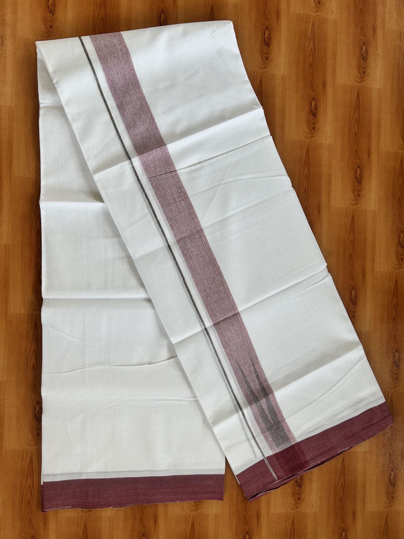 Double Pure White Mundu/Dhoti - 20% Discount !! KaithariKada Balaramapuram 100% Cotton - 100x80 - 1.5 inch Maroon & Black Silver Chutty Kara 3.80 mtr (8 muzham) - 16 KK5414 CKS