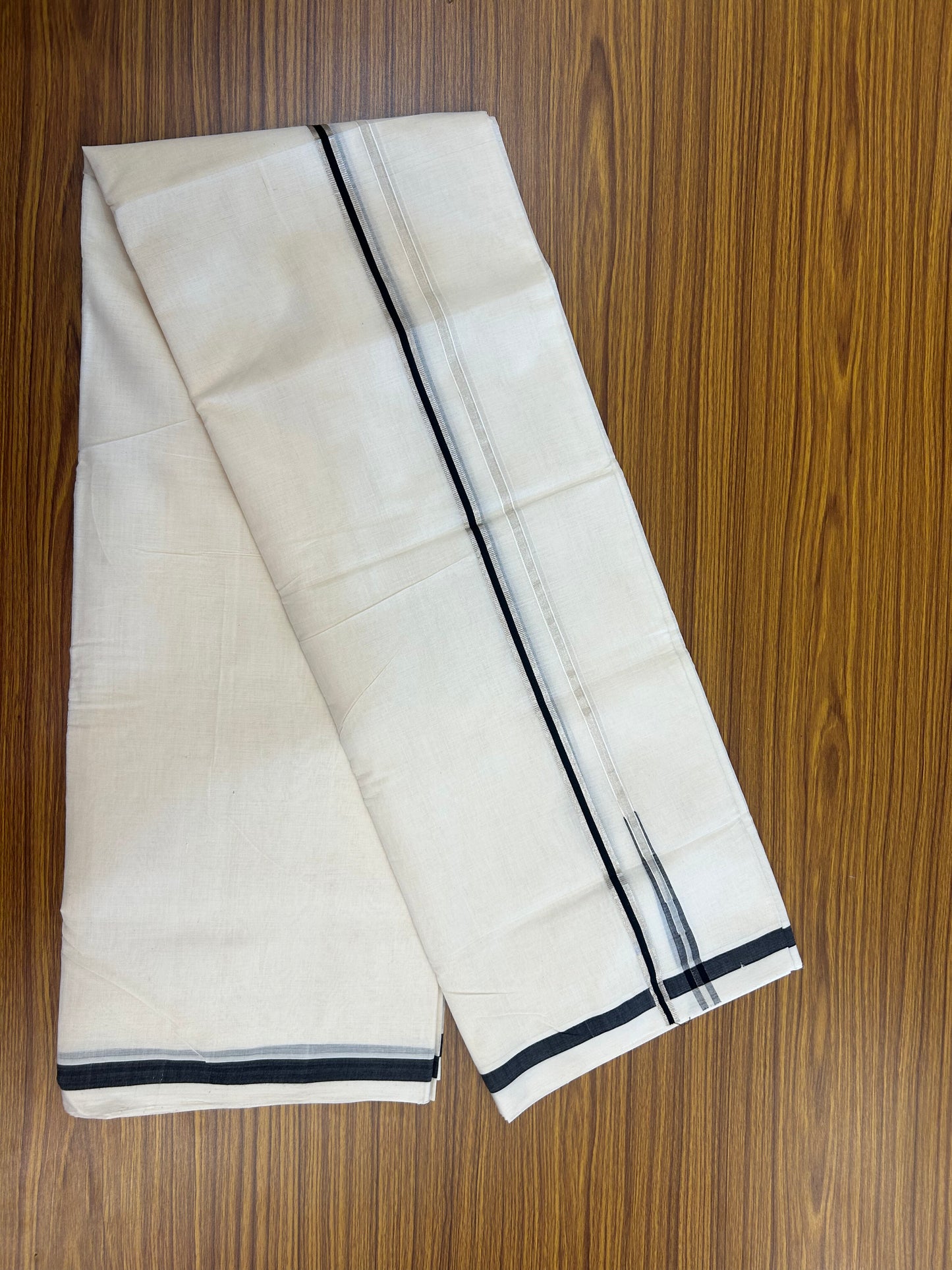 25% Discount!! KaithariKada Handloom Unakkupaav - Kerala Handloom - 100% Pure Cotton Off White - (Unbleached) Double Mundu/Dothi - 80X90 - 0.5 inch Puliyilakkara Silver Kasav & Black Chutty Kara 3.90 mtr (8 muzham) - 1 KK5369 YAR