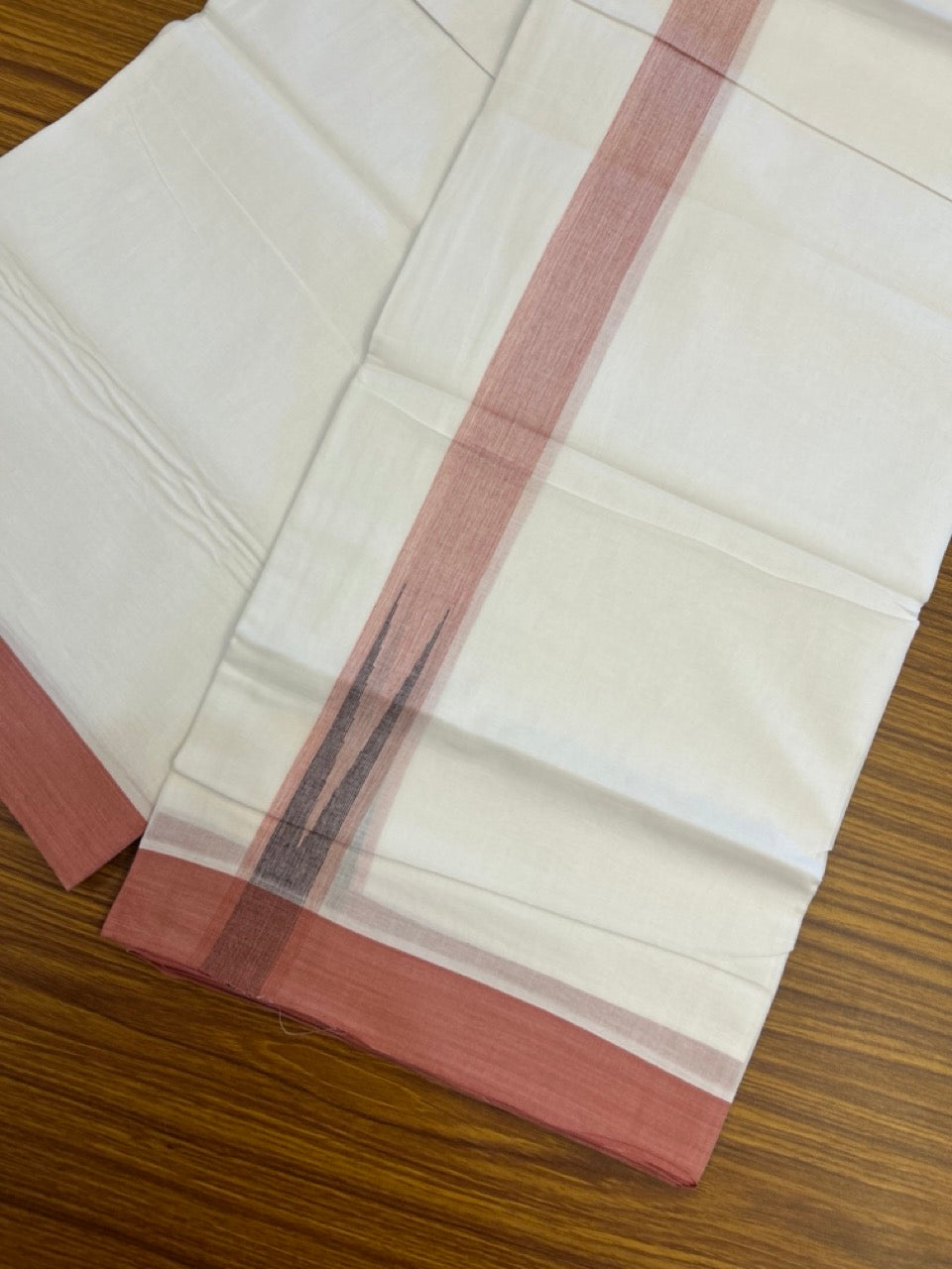 20% Discount! KaithariKada Balaramapuram 100% Cotton Double Pure white Mundu/Dhoti- 100x80 - 1.5 inch Puliyilakkara Peach & blue Shaded Chutty Kara - 3.90 mtr (8 muzham)  - 58 KK5279 CKS