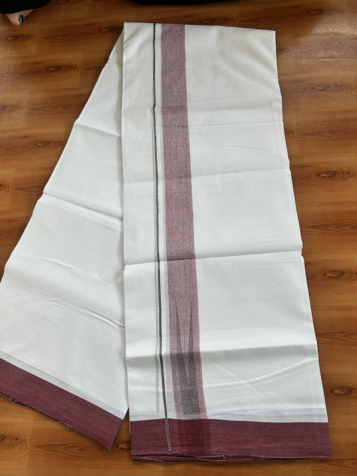 Double Pure White Mundu/Dhoti - 20% Discount !! KaithariKada Balaramapuram 100% Cotton - 100x80 - 1.5 inch Maroon & Black Silver Chutty Kara 3.80 mtr (8 muzham) - 16 KK5414 CKS