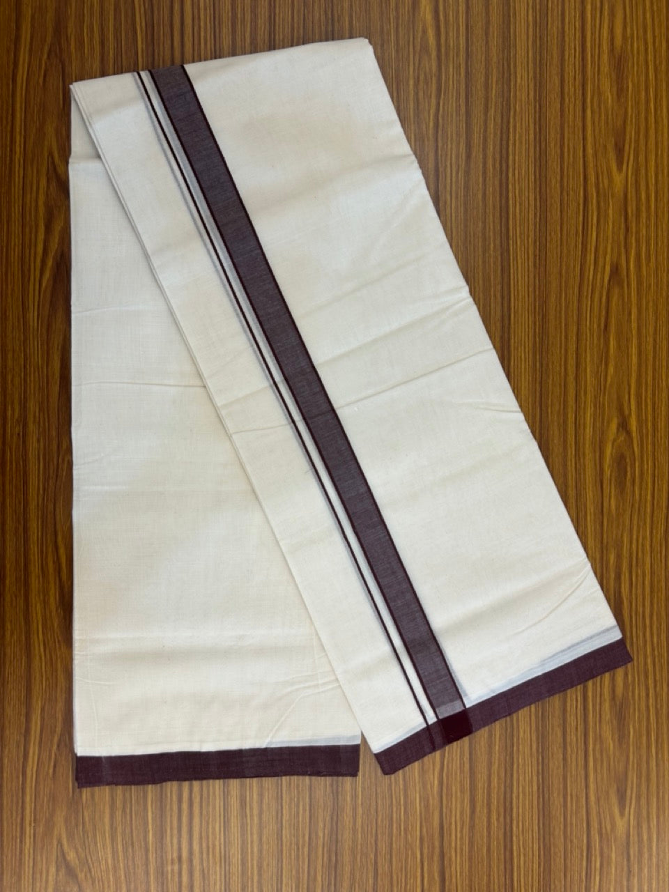 25% Discount ! KaithariKada Handloom Millpaav Balaramapuram - 100% PURE Cotton OFF White (Unbleached) Double Mundu/Dothi - 80x90 - 1 inch Dark Brown Mulloth Kara 4 Meters (8.5 Muzham) - 9 KK5256 RAM