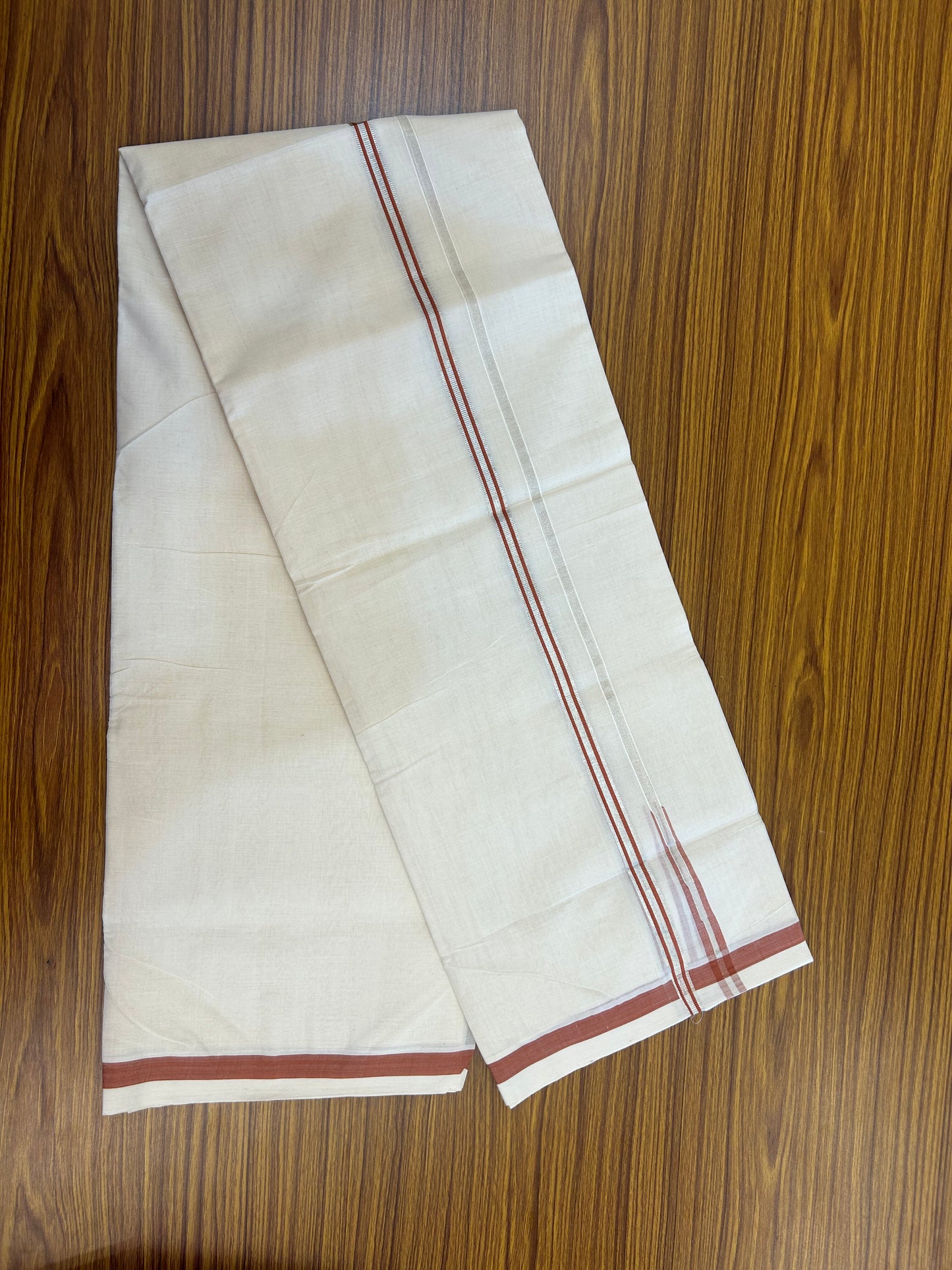 25% Discount!! KaithariKada Handloom Unakkupaav - Kerala Handloom - 100% Pure Cotton Off White - (Unbleached) Double Mundu/Dothi - 80X90 - 0.5 inch Puliyilakkara Silver Kasav & Brick Orange Chutty Kara 3.90 mtr (8 muzham) - 2 KK5369 YAR
