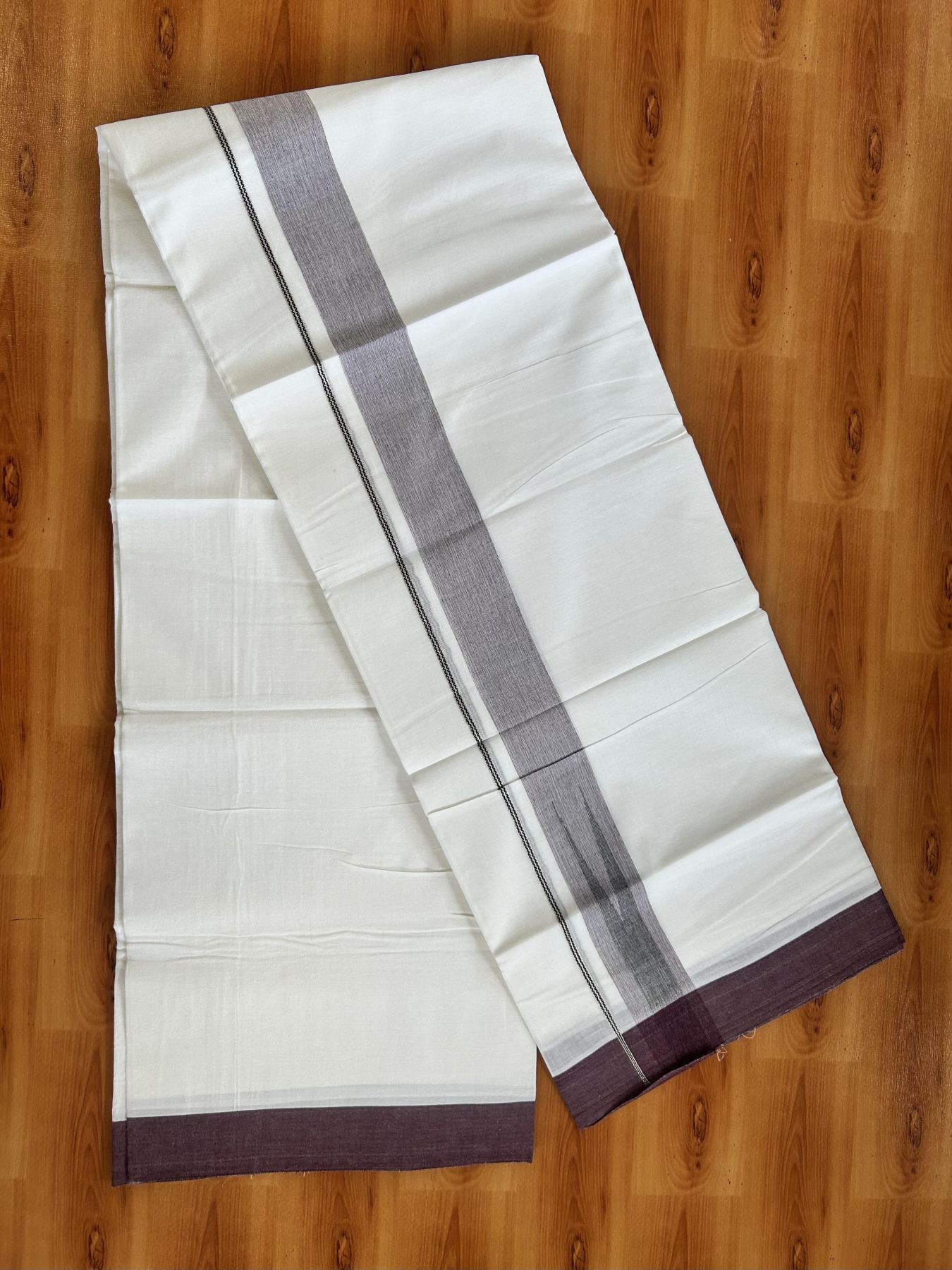 Double Pure White Mundu/Dhoti - 20% Discount !! KaithariKada Balaramapuram 100% Cotton - 100x80 - 1.5 inch Dark Wine & Black Silver Chutty Kara 3.80 mtr (8 muzham) - 17 KK5414 CKS