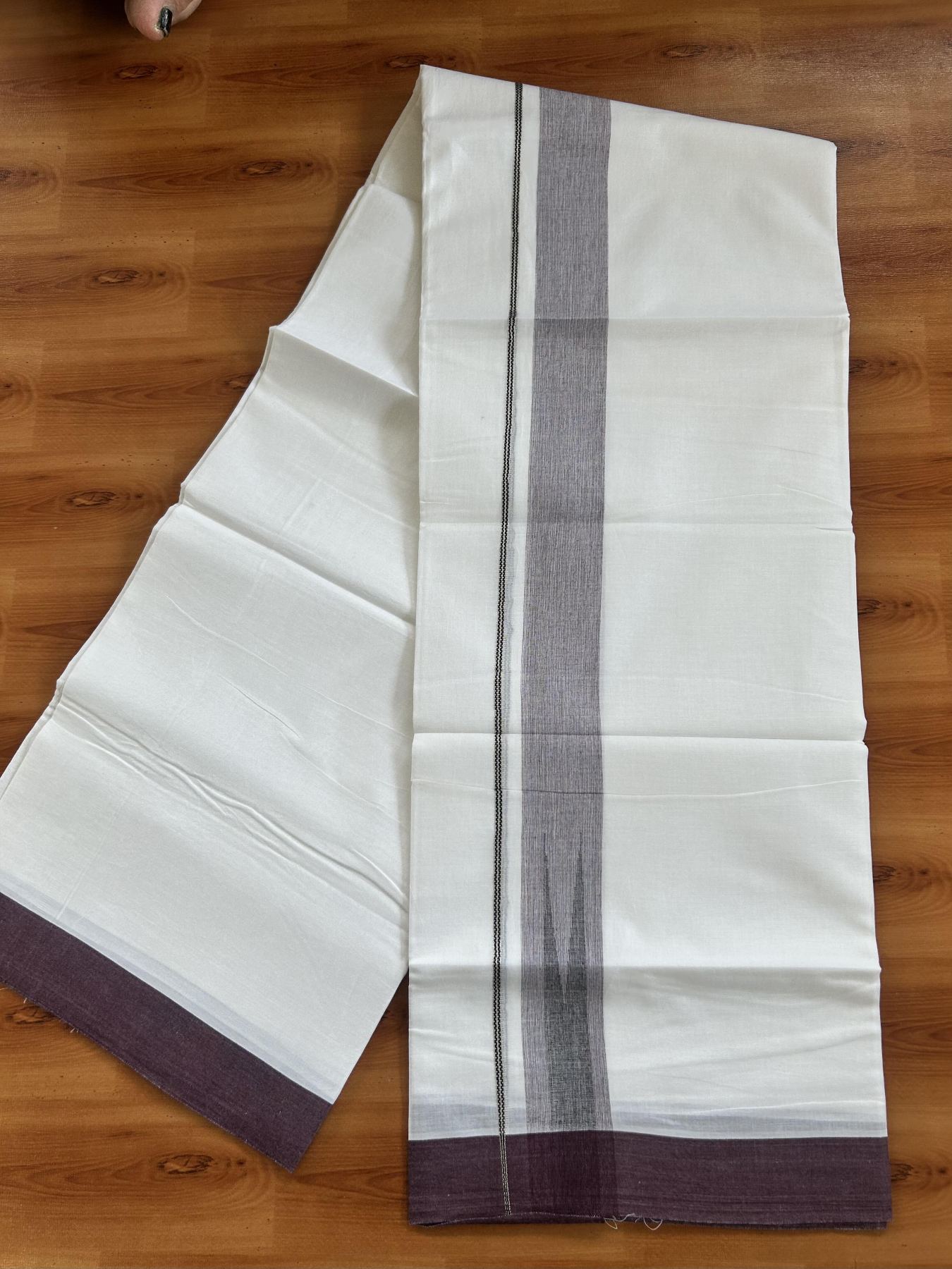 Double Pure White Mundu/Dhoti - 20% Discount !! KaithariKada Balaramapuram 100% Cotton - 100x80 - 1.5 inch Dark Wine & Black Silver Chutty Kara 3.80 mtr (8 muzham) - 17 KK5414 CKS