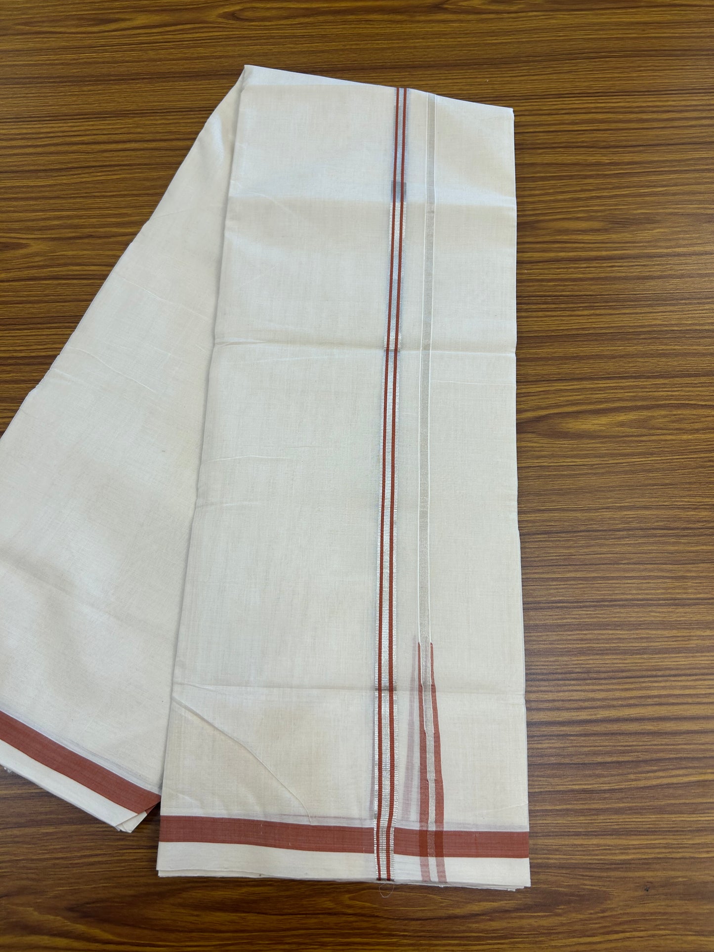 25% Discount!! KaithariKada Handloom Unakkupaav - Kerala Handloom - 100% Pure Cotton Off White - (Unbleached) Double Mundu/Dothi - 80X90 - 0.5 inch Puliyilakkara Silver Kasav & Brick Orange Chutty Kara 3.90 mtr (8 muzham) - 2 KK5369 YAR
