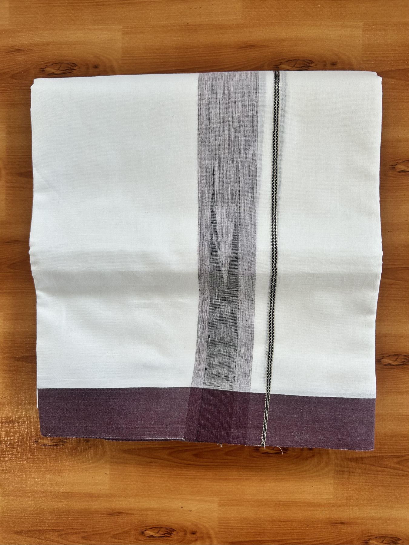 Double Pure White Mundu/Dhoti - 20% Discount !! KaithariKada Balaramapuram 100% Cotton - 100x80 - 1.5 inch Dark Wine & Black Silver Chutty Kara 3.80 mtr (8 muzham) - 17 KK5414 CKS