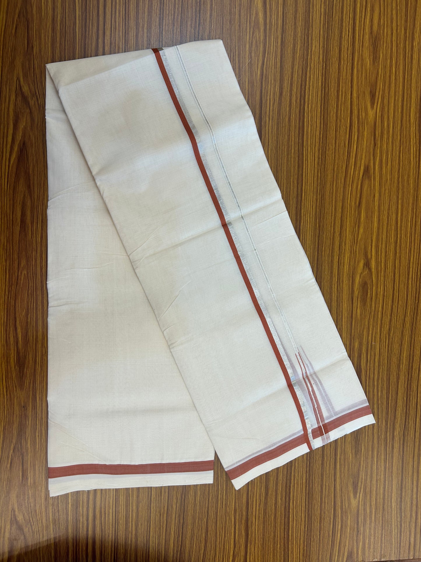 25% Discount!! KaithariKada Handloom Unakkupaav - Kerala Handloom - 100% Pure Cotton Off White - (Unbleached) Double Mundu/Dothi - 80X90 - 0.5 inch Puliyilakkara Silver Kasav & Brick Orange Chutty Kara 3.90 mtr (8 muzham) - 3 KK5369 YAR