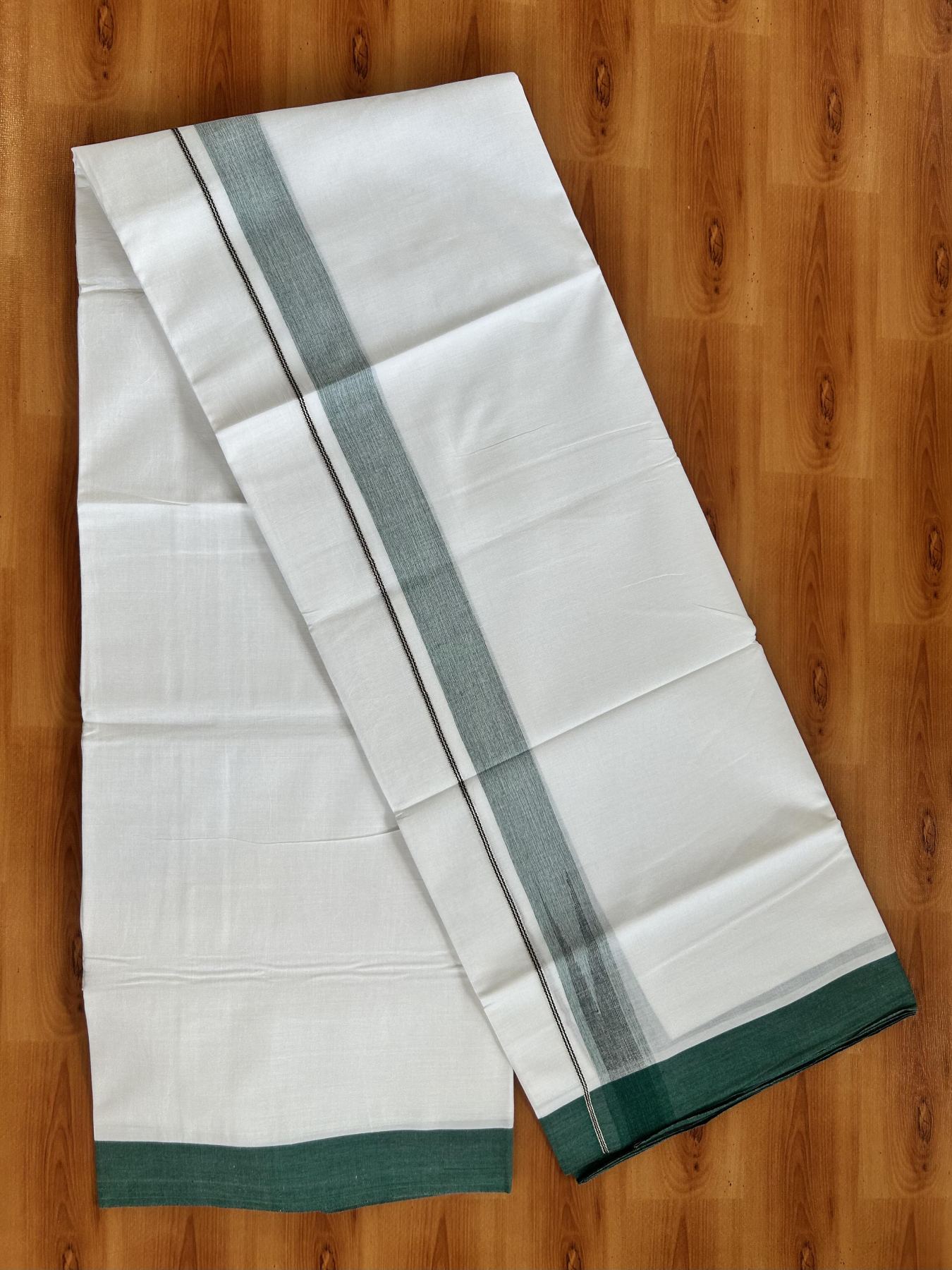 Double Pure White Mundu/Dhoti - 20% Discount !! KaithariKada Balaramapuram 100% Cotton - 100x80 - 1.25 inch Dark Green & Black Silver Chutty Kara 3.80 mtr (8 muzham) - 18 KK5414 CKS