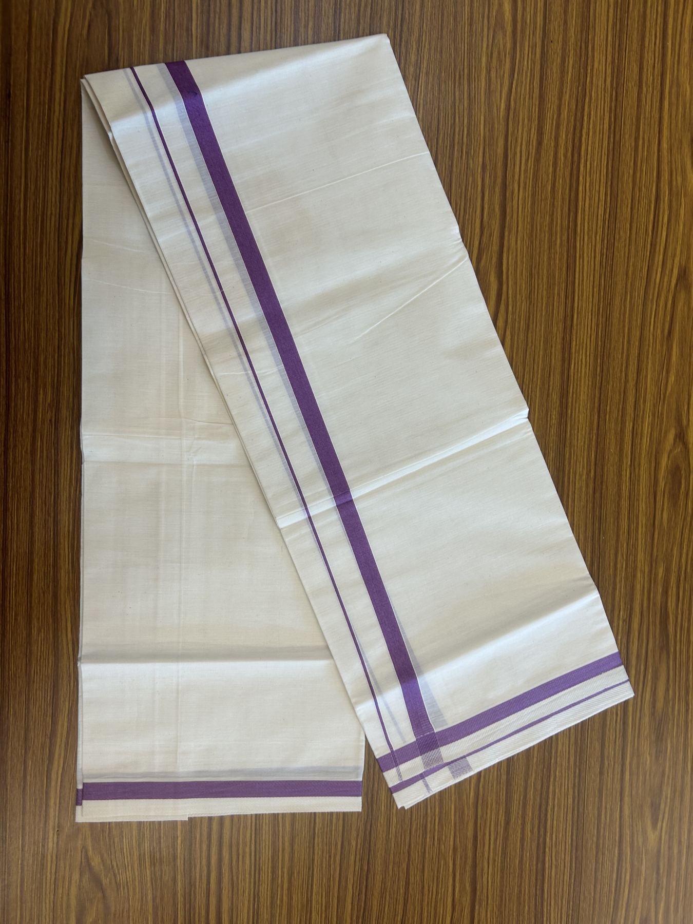 7% Discount! KaithariKada Balaramapuram 100% Cotton Single Off White - (Unbleached) Mundu/Dhoti - 100x80 - 0.5 inch Silver Kasav & Purple kara (2 meter / 4 muzham) - 68 KK52313 PMC