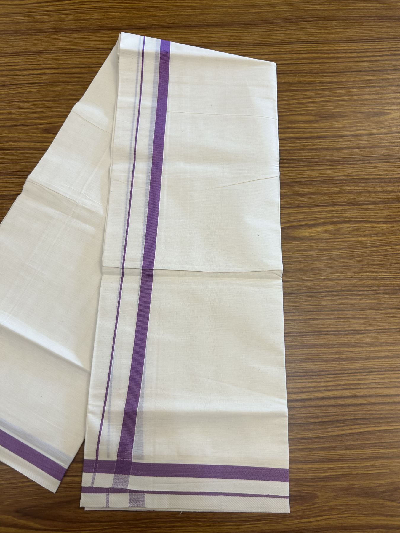 7% Discount! KaithariKada Balaramapuram 100% Cotton Single Off White - (Unbleached) Mundu/Dhoti - 100x80 - 0.5 inch Silver Kasav & Purple kara (2 meter / 4 muzham) - 68 KK52313 PMC
