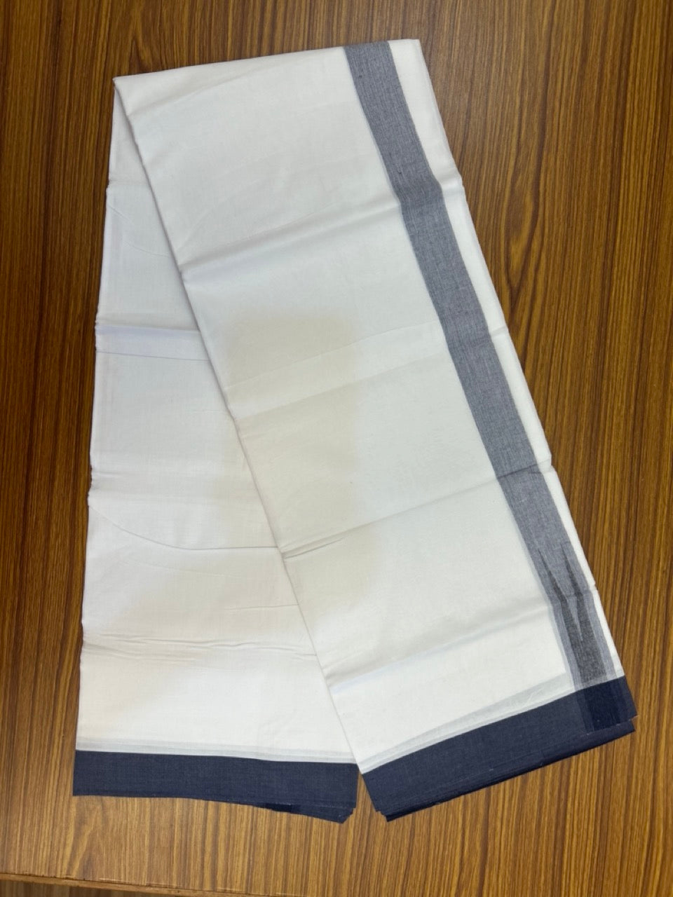 20% Discount! KaithariKada Balaramapuram 100% Cotton Double Pure white Mundu/Dhoti- 100x80 - 1.5 inch Puliyilakkara  Navy Blue Shaded Chutty Kara - 3.90 mtr (8 muzham)  - 60 KK5279 CKS