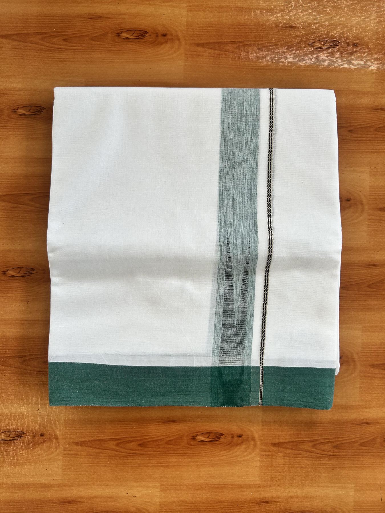 Double Pure White Mundu/Dhoti - 20% Discount !! KaithariKada Balaramapuram 100% Cotton - 100x80 - 1.25 inch Dark Green & Black Silver Chutty Kara 3.80 mtr (8 muzham) - 18 KK5414 CKS