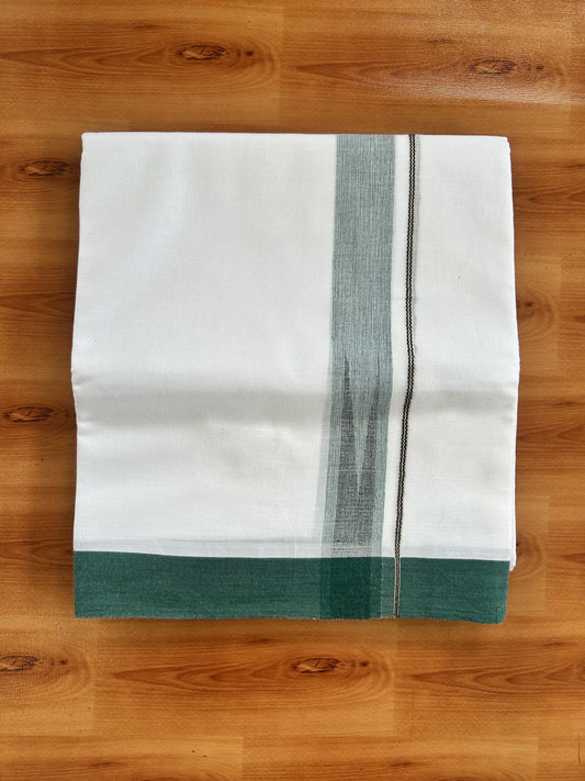 Double Pure White Mundu/Dhoti - 20% Discount !! KaithariKada Balaramapuram 100% Cotton - 100x80 - 1.25 inch Dark Green & Black Silver Chutty Kara 3.80 mtr (8 muzham) - 18 KK5414 CKS