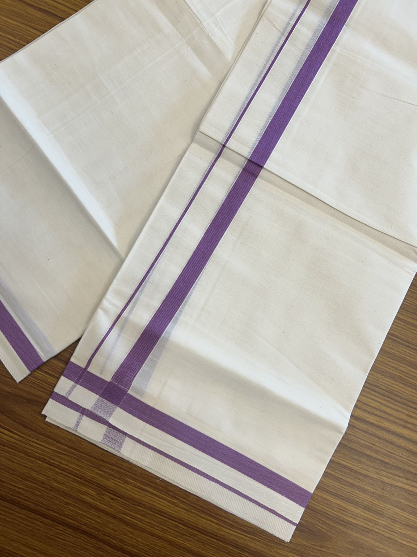 7% Discount! KaithariKada Balaramapuram 100% Cotton Single Off White - (Unbleached) Mundu/Dhoti - 100x80 - 0.5 inch Silver Kasav & Purple kara (2 meter / 4 muzham) - 68 KK52313 PMC