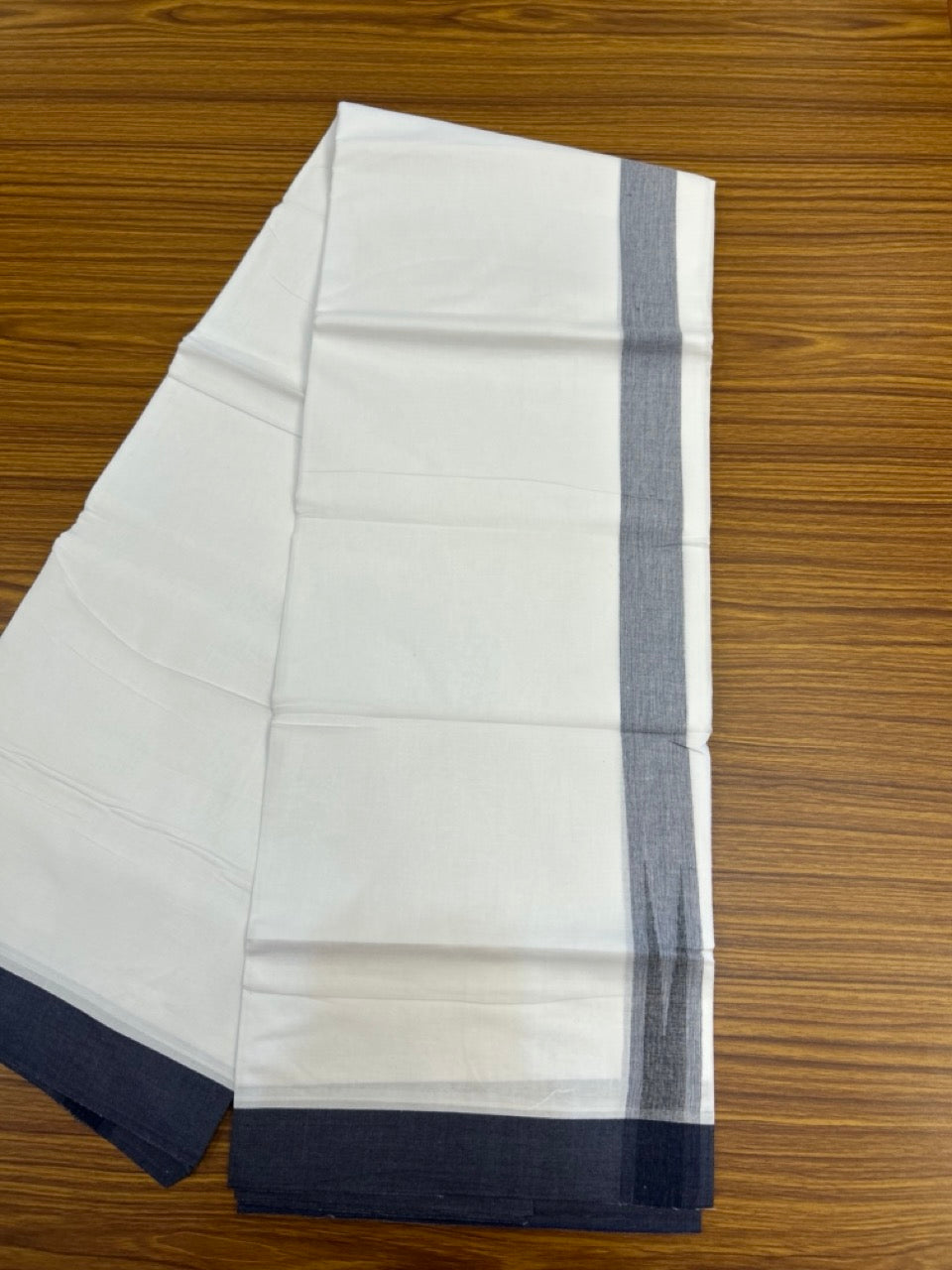 20% Discount! KaithariKada Balaramapuram 100% Cotton Double Pure white Mundu/Dhoti- 100x80 - 1.5 inch Puliyilakkara  Navy Blue Shaded Chutty Kara - 3.90 mtr (8 muzham)  - 60 KK5279 CKS