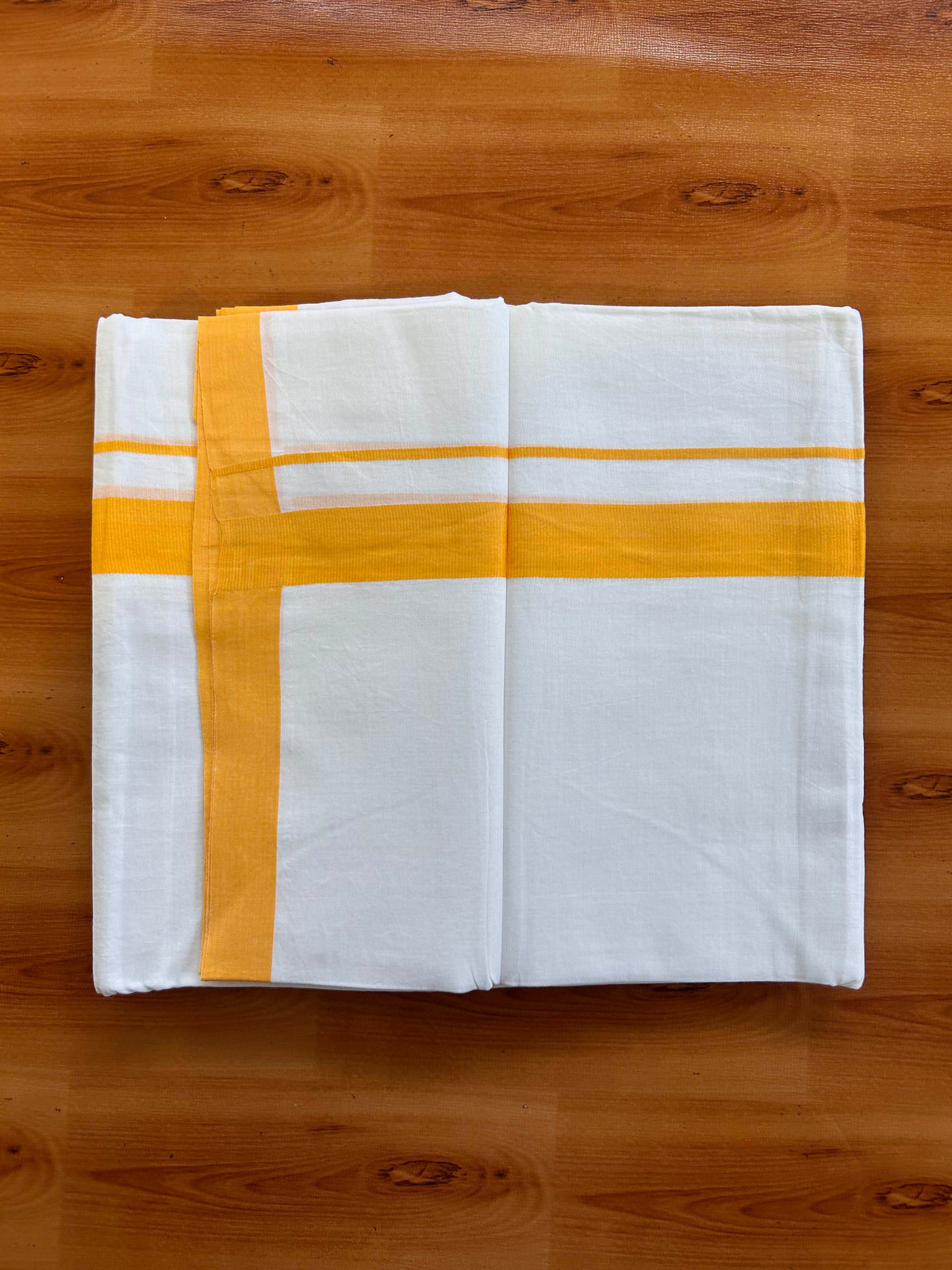 Pure White Double Mundu/Dhoti - 20% Discount ! Kaitharikada Pure Cotton - 60s - 1 inch Orange Yellow Kara 3.75 mtr (8 muzham) - 32 KK5515 CKS