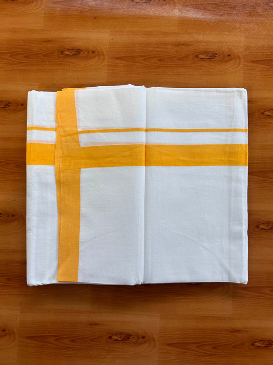 Pure White Double Mundu/Dhoti - 20% Discount ! Kaitharikada Pure Cotton - 60s - 1 inch Orange Yellow Kara 3.75 mtr (8 muzham) - 32 KK5515 CKS