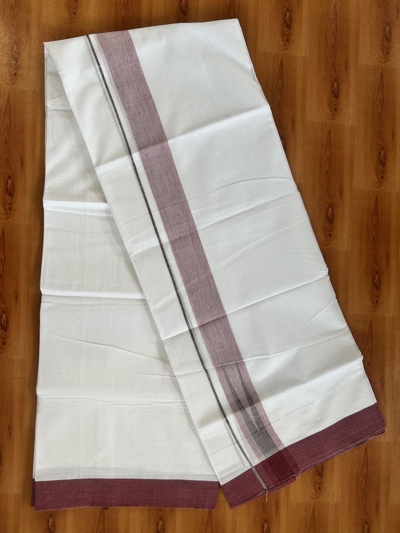 Double Pure White Mundu/Dhoti - 20% Discount !! KaithariKada Balaramapuram 100% Cotton - 100x80 - 1.5 inch Maroon & Black Silver Chutty Kara 3.80 mtr (8 muzham) - 19 KK5414 CKS