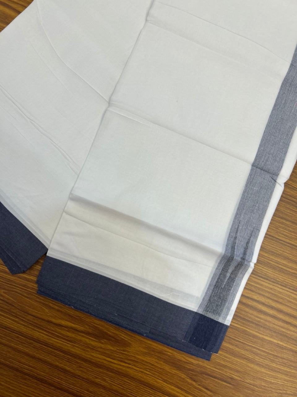 20% Discount! KaithariKada Balaramapuram 100% Cotton Double Pure white Mundu/Dhoti- 100x80 - 1.5 inch Puliyilakkara  Navy Blue Shaded Chutty Kara - 3.90 mtr (8 muzham)  - 60 KK5279 CKS