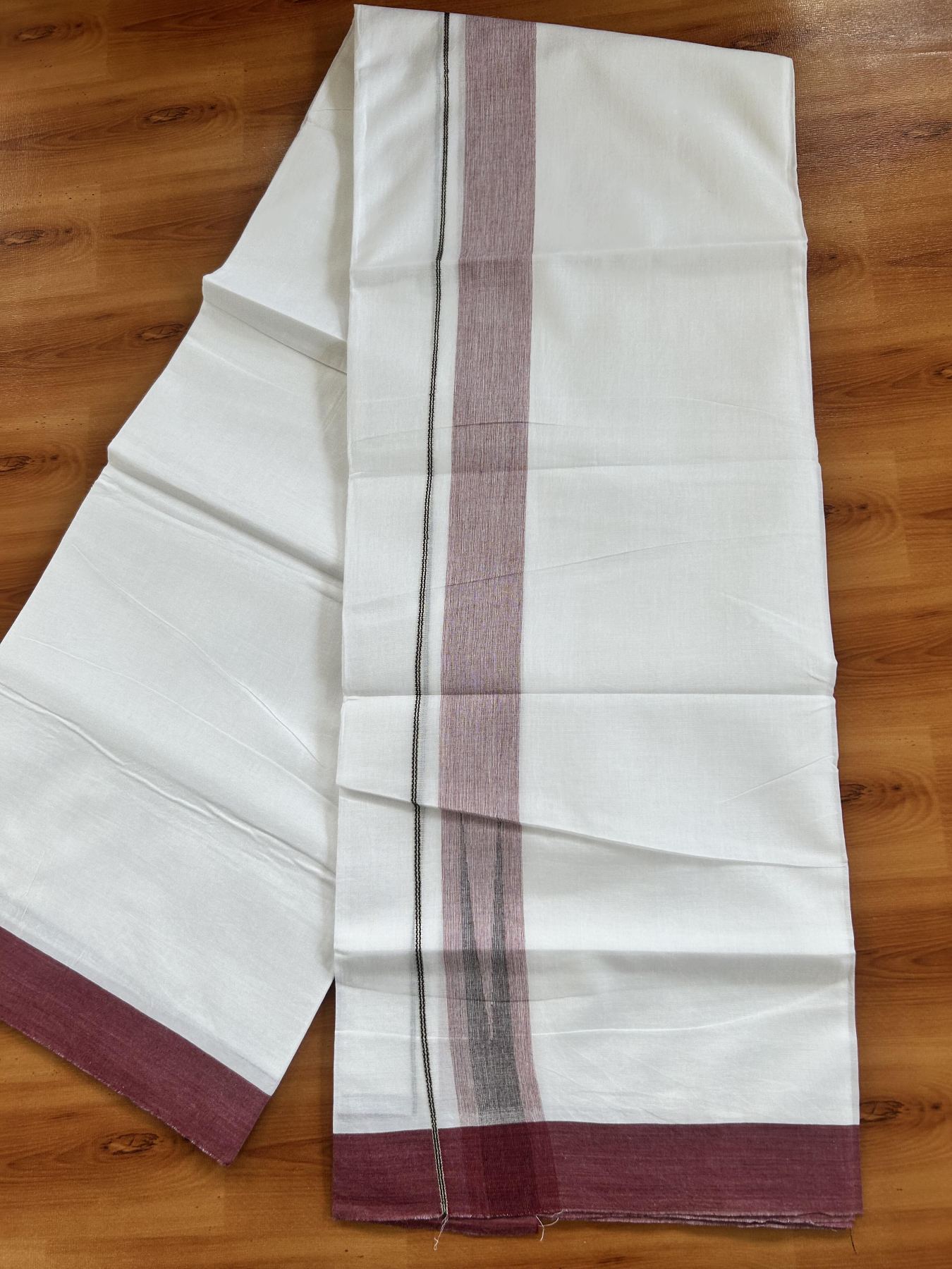 Double Pure White Mundu/Dhoti - 20% Discount !! KaithariKada Balaramapuram 100% Cotton - 100x80 - 1.5 inch Maroon & Black Silver Chutty Kara 3.80 mtr (8 muzham) - 19 KK5414 CKS