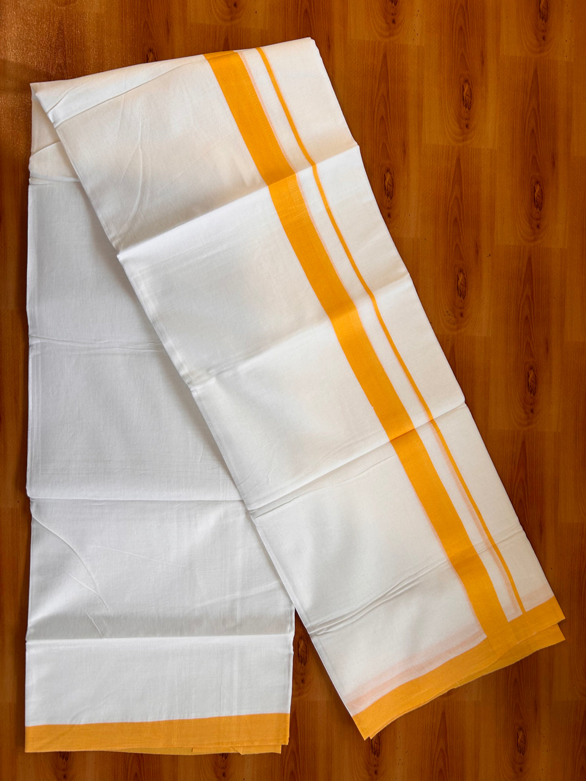 Pure White Double Mundu/Dhoti - 20% Discount ! Kaitharikada Pure Cotton - 60s - 1 inch Orange Yellow Kara 3.75 mtr (8 muzham) - 32 KK5515 CKS
