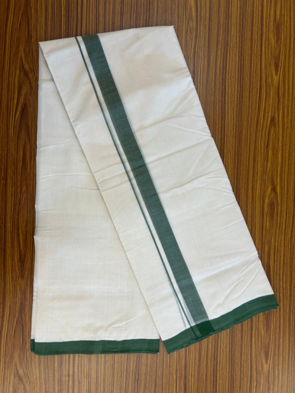25% Discount ! KaithariKada Handloom Millpaav Balaramapuram - 100% PURE Cotton OFF White (Unbleached) Double Mundu/Dothi - 80x90 - 1.25 inch Green Mulloth Kara 4 Meters (8.5 Muzham) - 12 KK5256 RAM