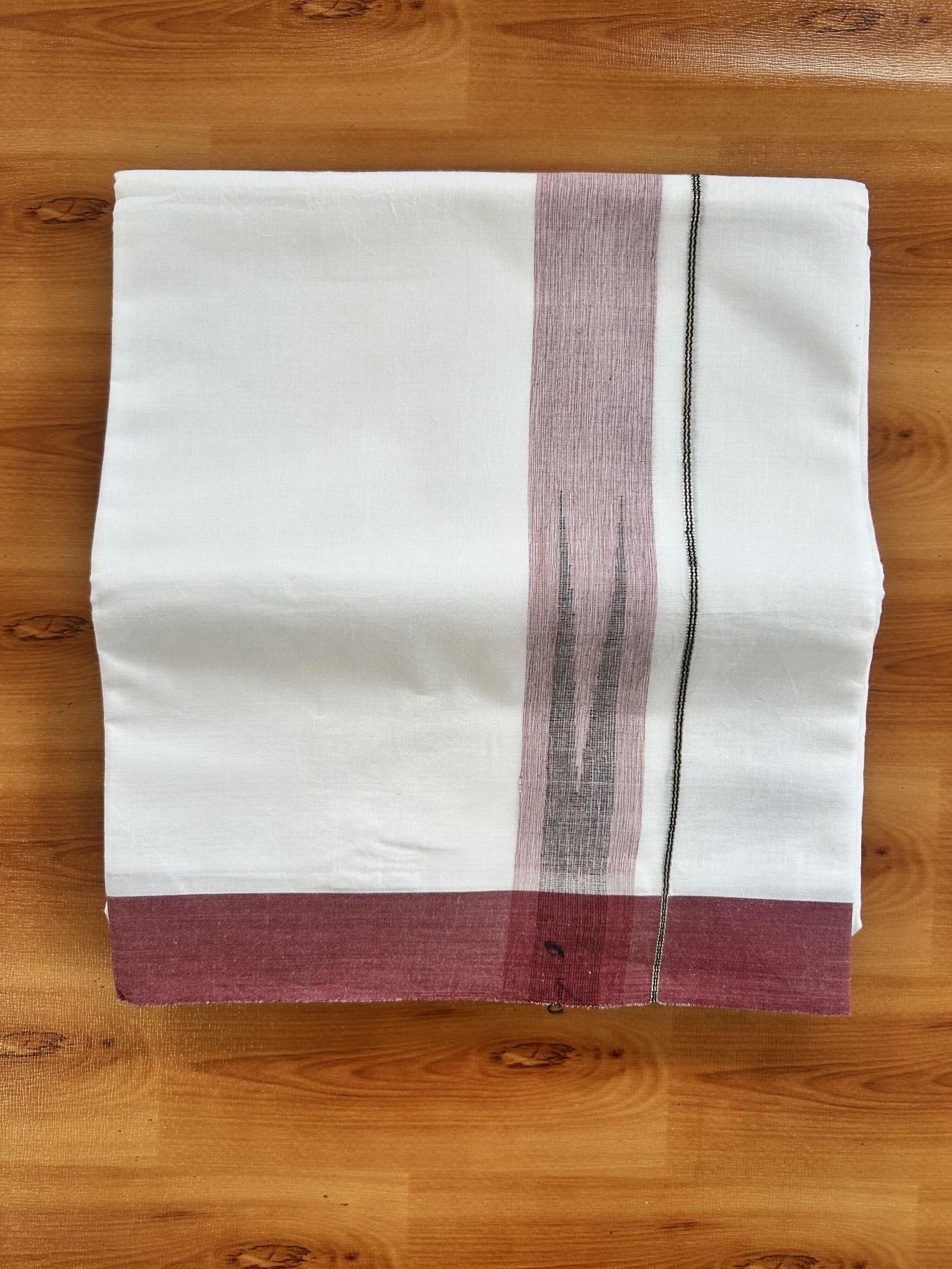 Double Pure White Mundu/Dhoti - 20% Discount !! KaithariKada Balaramapuram 100% Cotton - 100x80 - 1.5 inch Maroon & Black Silver Chutty Kara 3.80 mtr (8 muzham) - 19 KK5414 CKS