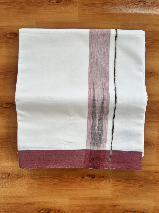 Double Pure White Mundu/Dhoti - 20% Discount !! KaithariKada Balaramapuram 100% Cotton - 100x80 - 1.5 inch Maroon & Black Silver Chutty Kara 3.80 mtr (8 muzham) - 19 KK5414 CKS