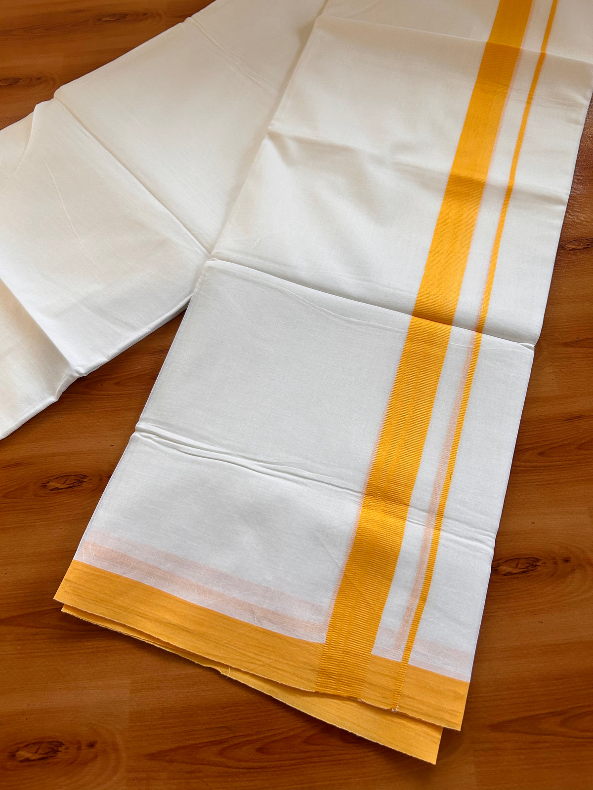 Pure White Double Mundu/Dhoti - 20% Discount ! Kaitharikada Pure Cotton - 60s - 1 inch Orange Yellow Kara 3.75 mtr (8 muzham) - 32 KK5515 CKS