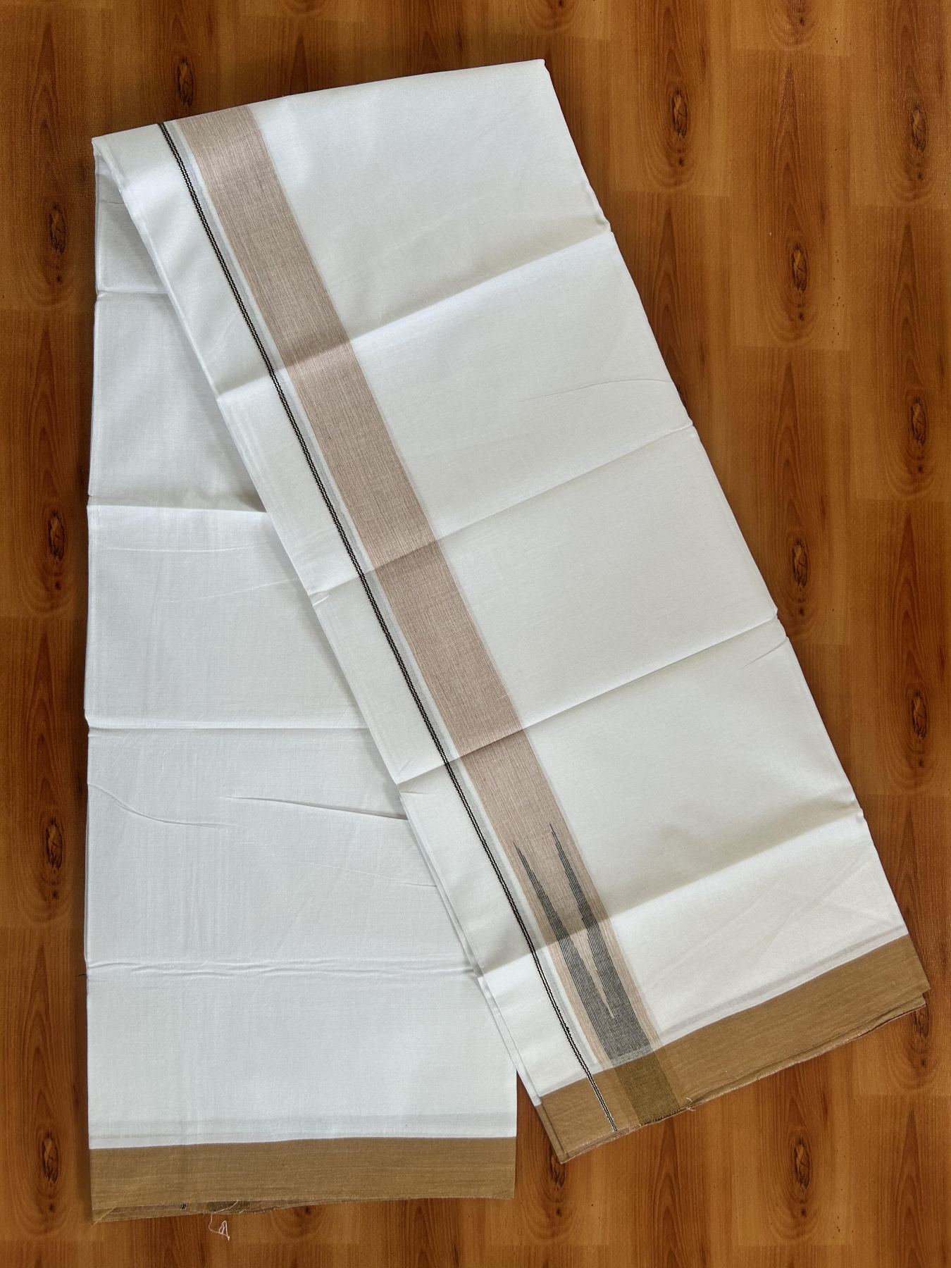 Double Pure White Mundu/Dhoti - 20% Discount !! KaithariKada Balaramapuram 100% Cotton - 100x80 - 1.5 inch Caramel Yellow & Black Silver Chutty Kara 3.80 mtr (8 muzham) - 20 KK5414 CKS