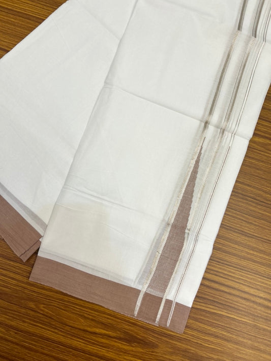 20% Discount! KaithariKada Balaramapuram 100% Cotton Double Pure white Mundu/Dhoti- 100x80 - 1.5 inch Silver & Mocca Brown Chutty kara - 3.90mtr ( 8 muzham) - 78 KK5279 CKS
