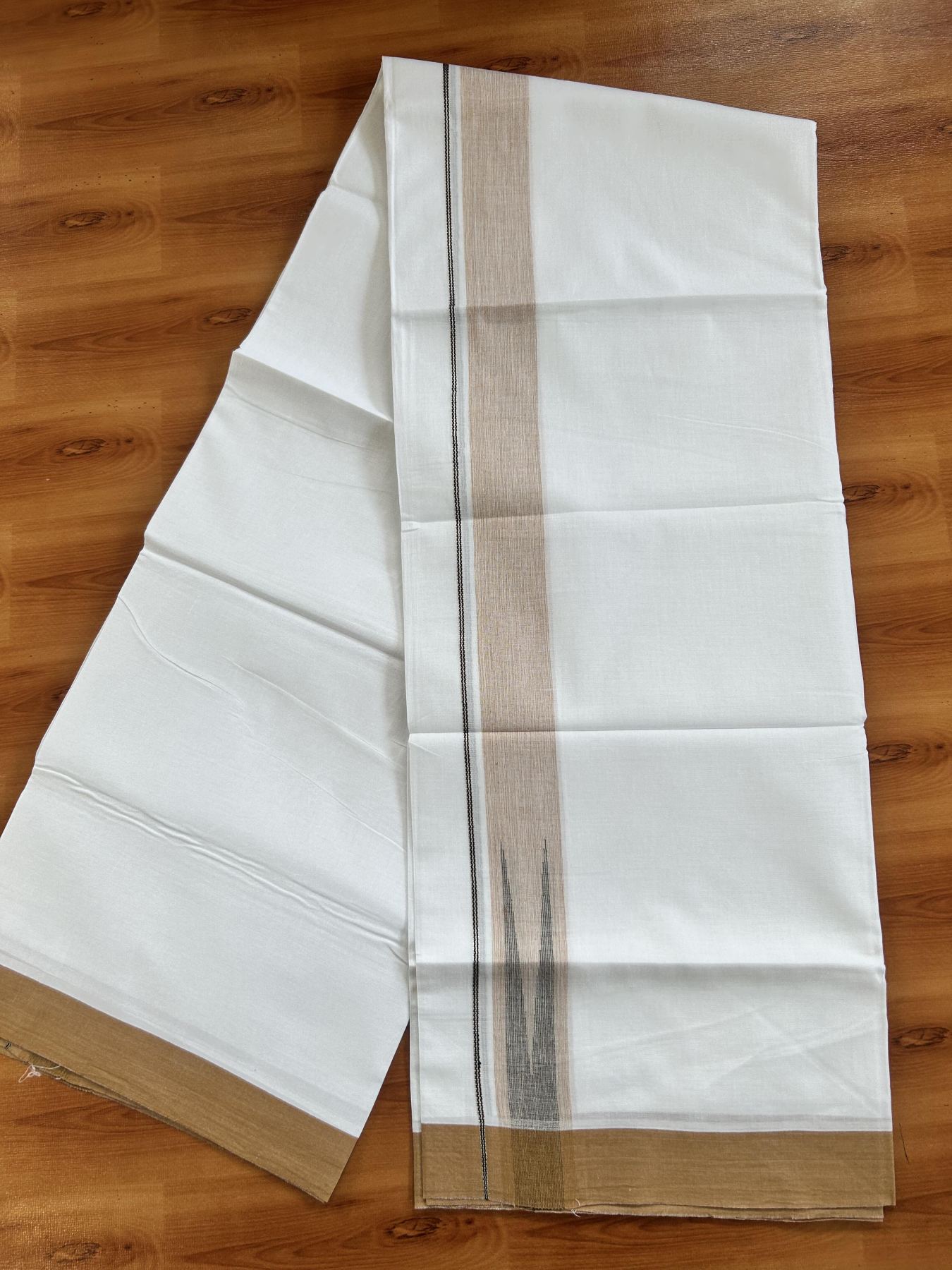 Double Pure White Mundu/Dhoti - 20% Discount !! KaithariKada Balaramapuram 100% Cotton - 100x80 - 1.5 inch Caramel Yellow & Black Silver Chutty Kara 3.80 mtr (8 muzham) - 20 KK5414 CKS
