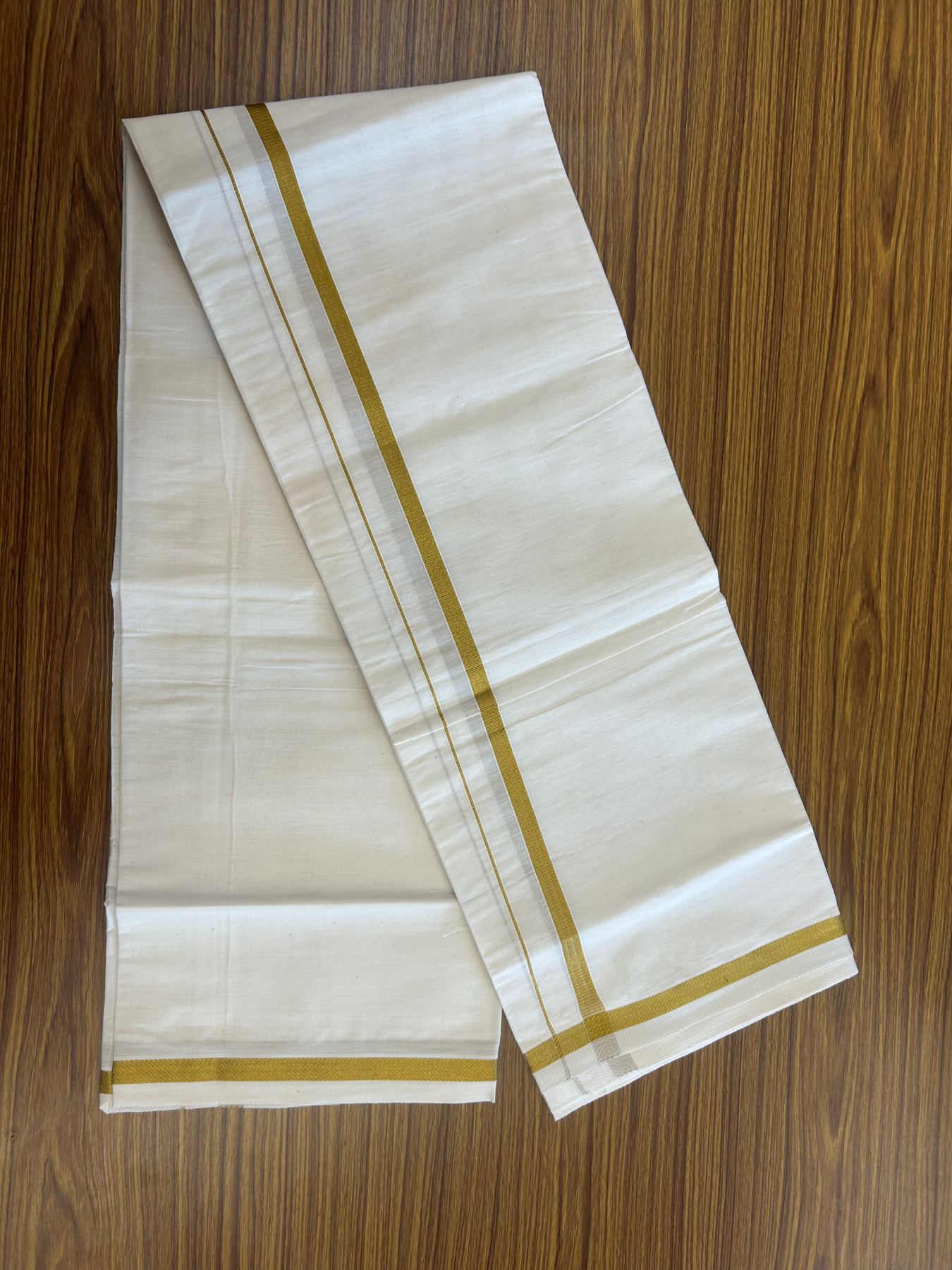 7% Discount! KaithariKada Balaramapuram 100% Cotton Single Off White - (Unbleached) Mundu/Dhoti - 100x80 - 0.5 inch Gold Kasav kara (2 meter / 4 muzham) - 70 KK52313 PMC