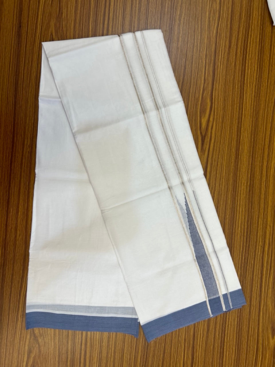20% Discount! KaithariKada Balaramapuram 100% Cotton Double Pure white Mundu/Dhoti- 100x80 - 1.5 inch Silver & Ash Blue heavy Chutty kara - 3.90mtr ( 8 muzham) - 74 KK5279 CKS