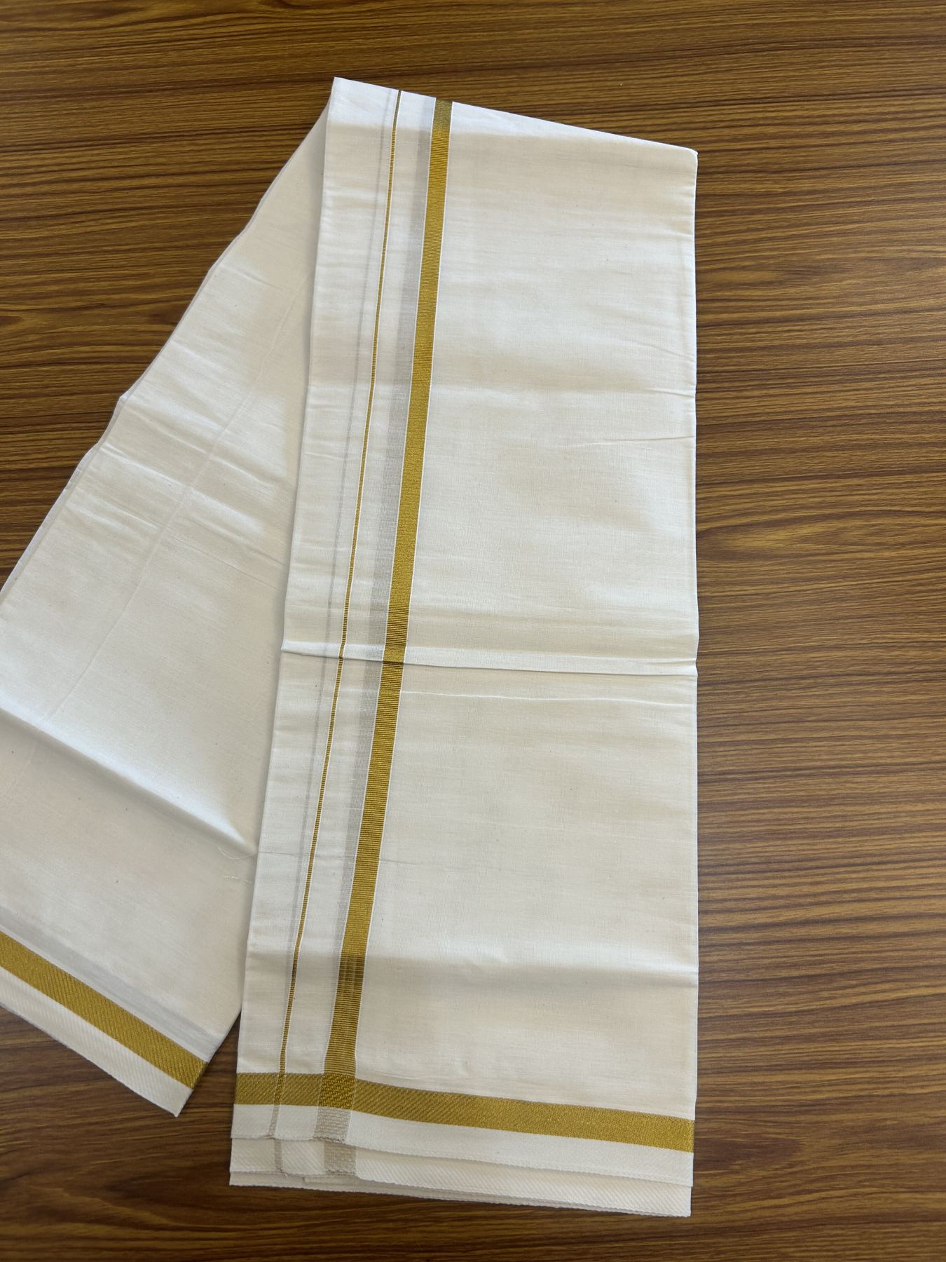 7% Discount! KaithariKada Balaramapuram 100% Cotton Single Off White - (Unbleached) Mundu/Dhoti - 100x80 - 0.5 inch Gold Kasav kara (2 meter / 4 muzham) - 70 KK52313 PMC