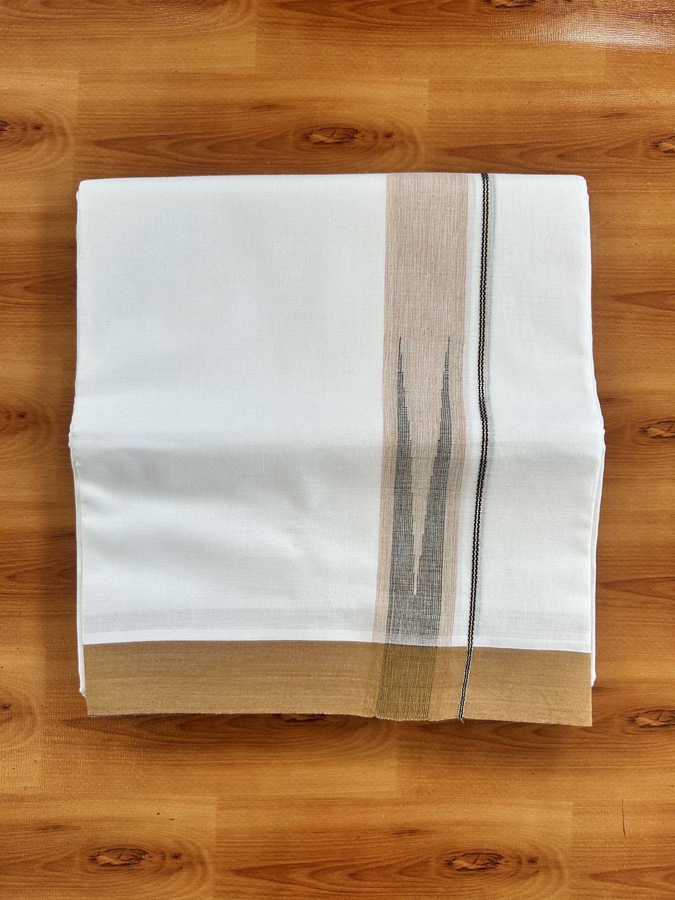 Double Pure White Mundu/Dhoti - 20% Discount !! KaithariKada Balaramapuram 100% Cotton - 100x80 - 1.5 inch Caramel Yellow & Black Silver Chutty Kara 3.80 mtr (8 muzham) - 20 KK5414 CKS