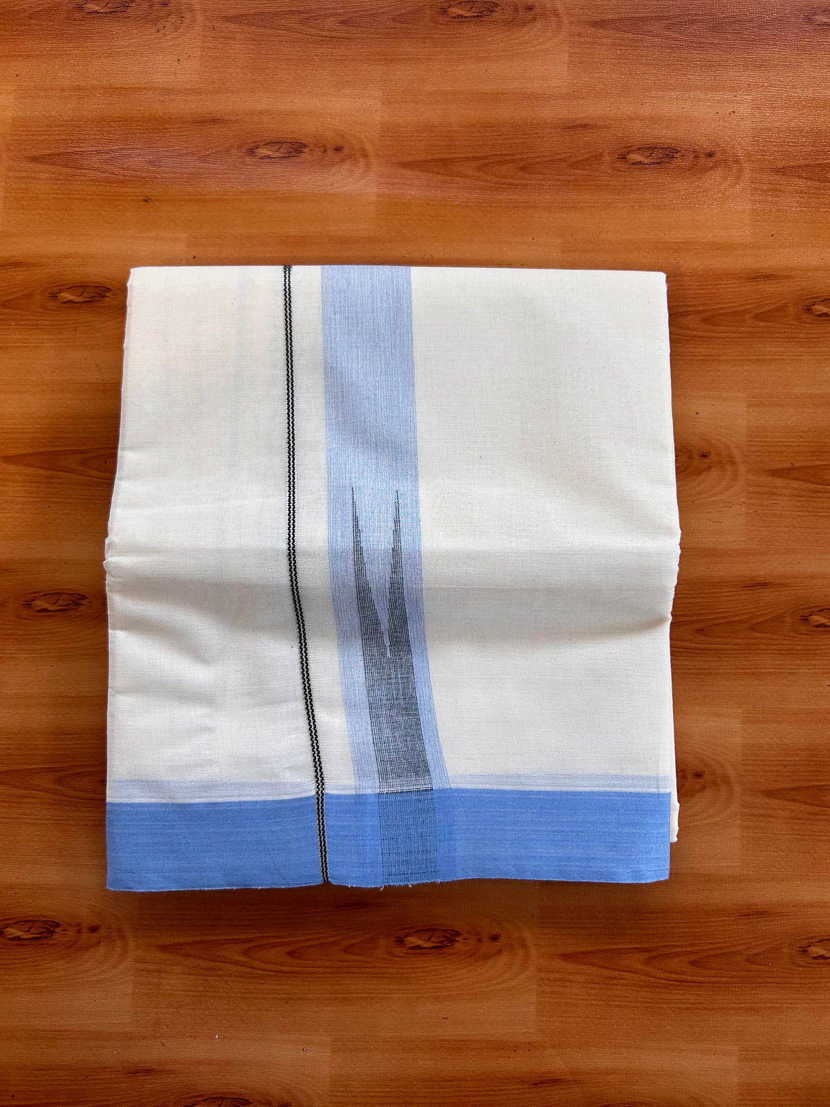 Double off white (Unbleached) Mund/Dhoti - 20% Discount! KaithariKada Pulimood Pure Cotton - 100X80 - 1.5 inch Silver kasav Light Blue  & Black Shades Striped chutty 4 m (8.5 Muzham) - 1 KK5537 VAS