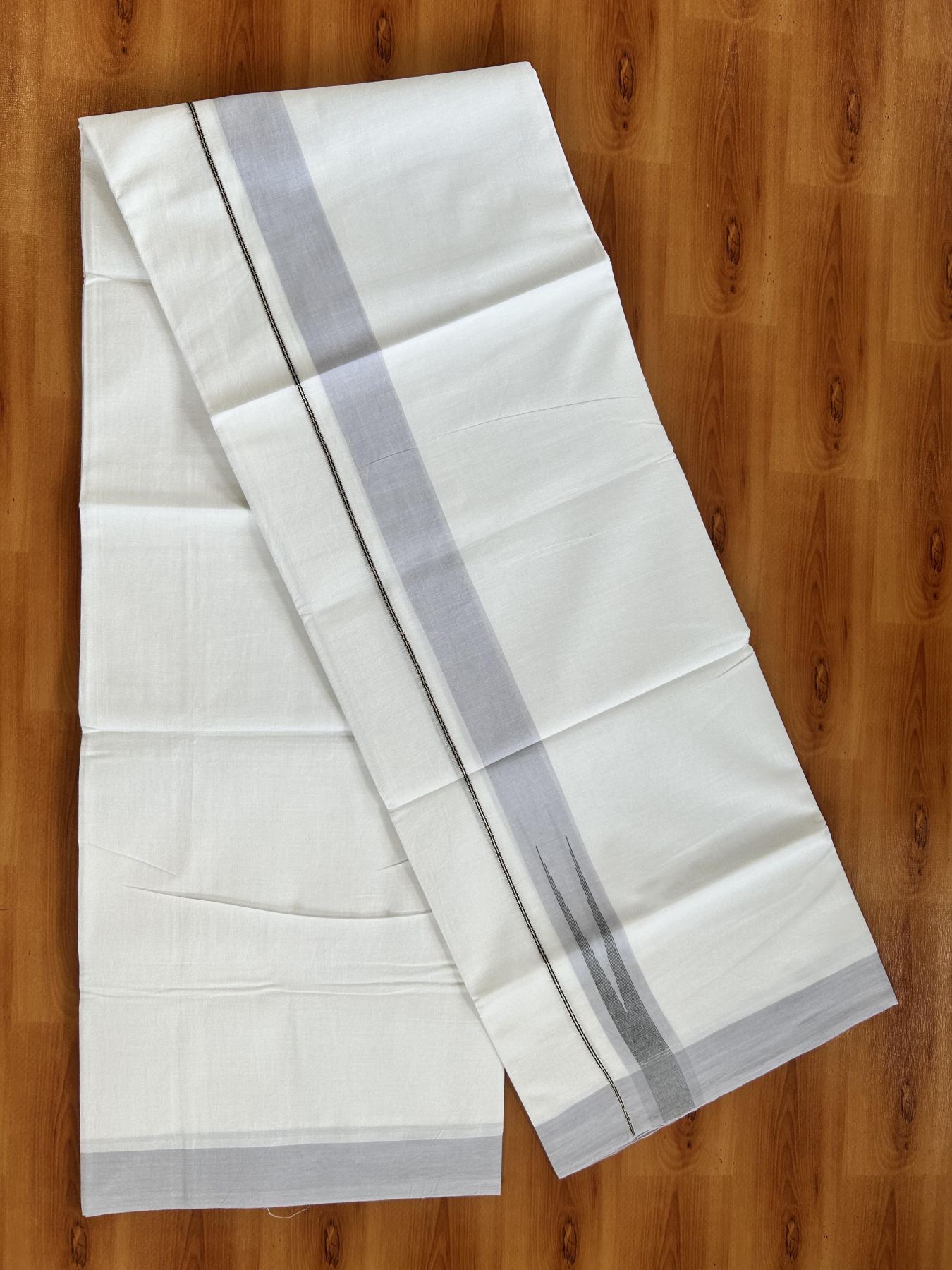 Double Pure White Mundu/Dhoti - 20% Discount !! KaithariKada Balaramapuram 100% Cotton - 100x80 - 1.25 inch Light Lavender & Black Silver Chutty Kara 3.80 mtr (8 muzham) - 21 KK5414 CKS