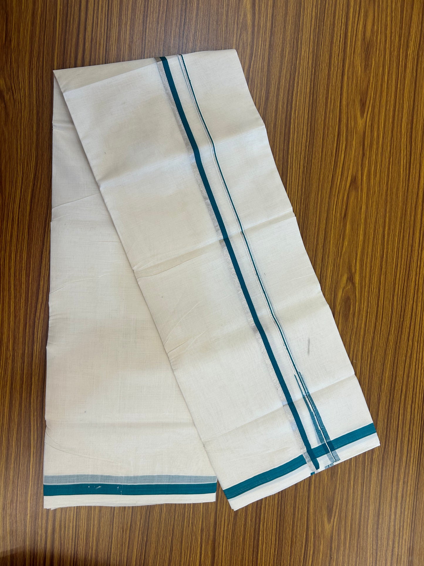 25% Discount!! KaithariKada Handloom Unakkupaav - Kerala Handloom - 100% Pure Cotton Off White - (Unbleached) Double Mundu/Dothi - 80X90 - 0.5 inch Puliyilakkara Silver Kasav & Green Blue Chutty Kara 3.90 mtr (8 muzham) - 6 KK5369 YAR