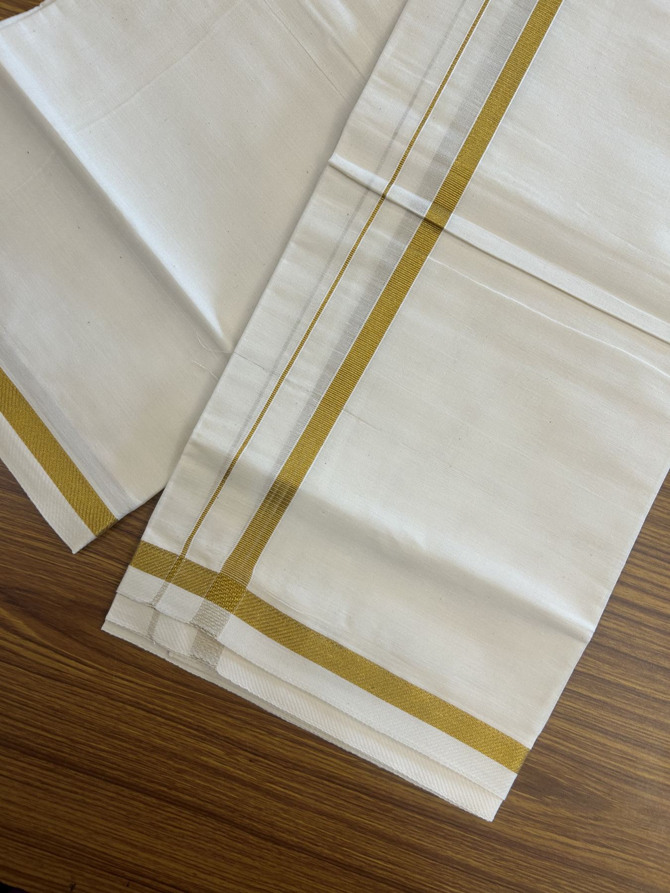 7% Discount! KaithariKada Balaramapuram 100% Cotton Single Off White - (Unbleached) Mundu/Dhoti - 100x80 - 0.5 inch Gold Kasav kara (2 meter / 4 muzham) - 70 KK52313 PMC
