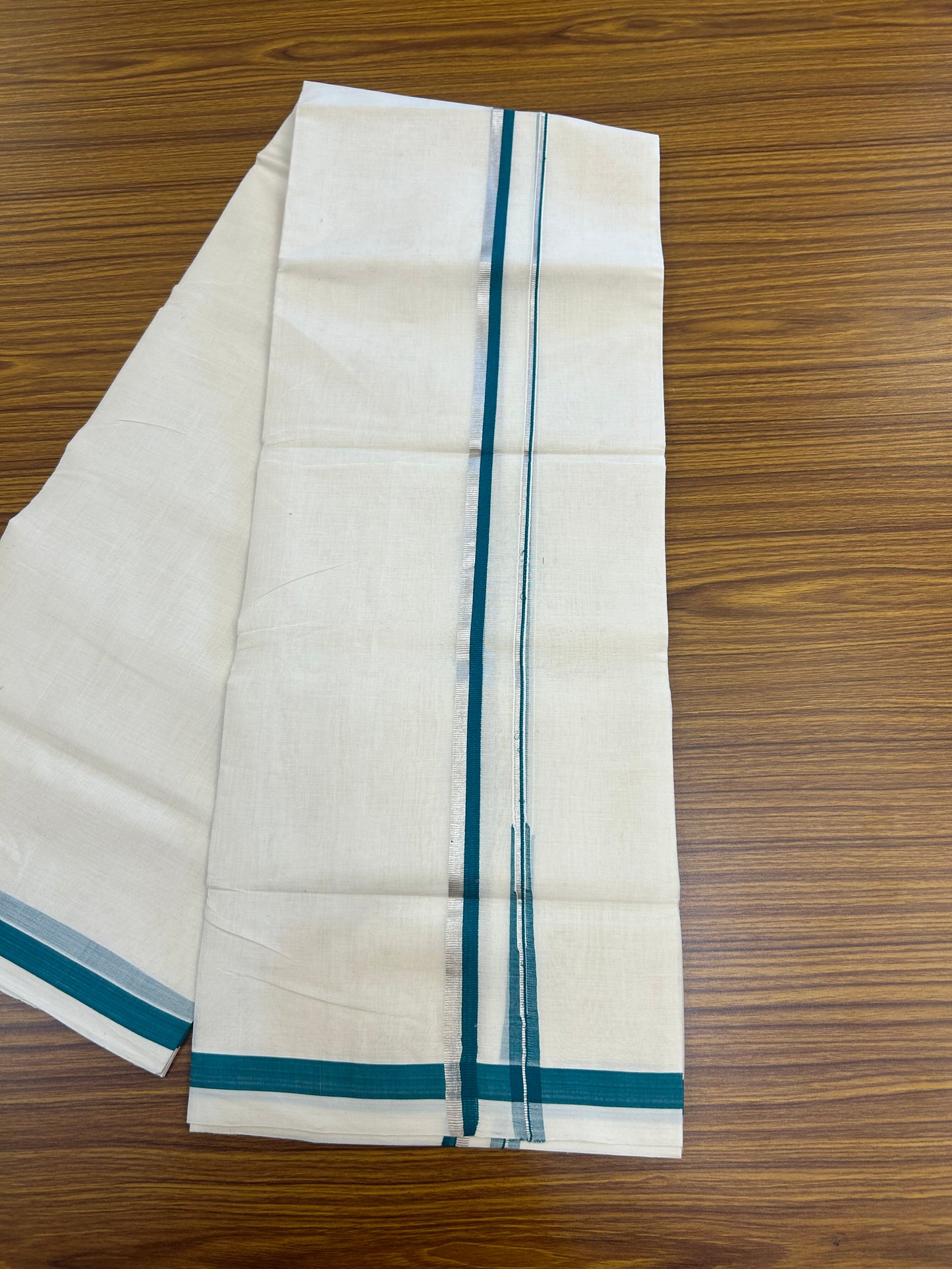 25% Discount!! KaithariKada Handloom Unakkupaav - Kerala Handloom - 100% Pure Cotton Off White - (Unbleached) Double Mundu/Dothi - 80X90 - 0.5 inch Puliyilakkara Silver Kasav & Green Blue Chutty Kara 3.90 mtr (8 muzham) - 6 KK5369 YAR