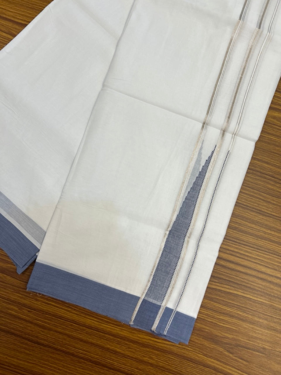 20% Discount! KaithariKada Balaramapuram 100% Cotton Double Pure white Mundu/Dhoti- 100x80 - 1.5 inch Silver & Ash Blue heavy Chutty kara - 3.90mtr ( 8 muzham) - 74 KK5279 CKS
