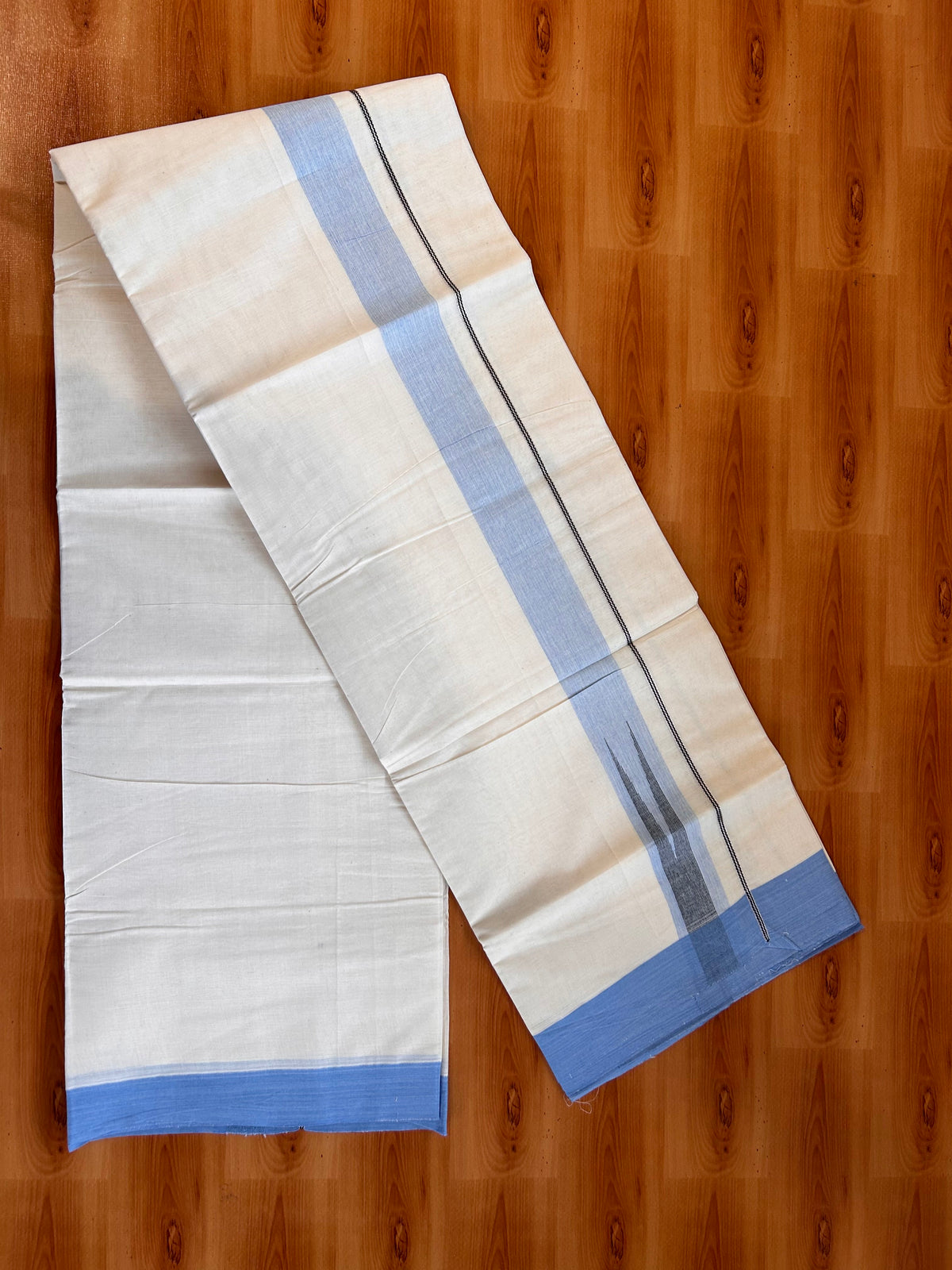 Double off white (Unbleached) Mund/Dhoti - 20% Discount! KaithariKada Pulimood Pure Cotton - 100X80 - 1.5 inch Silver kasav Light Blue  & Black Shades Striped chutty 4 m (8.5 Muzham) - 1 KK5537 VAS