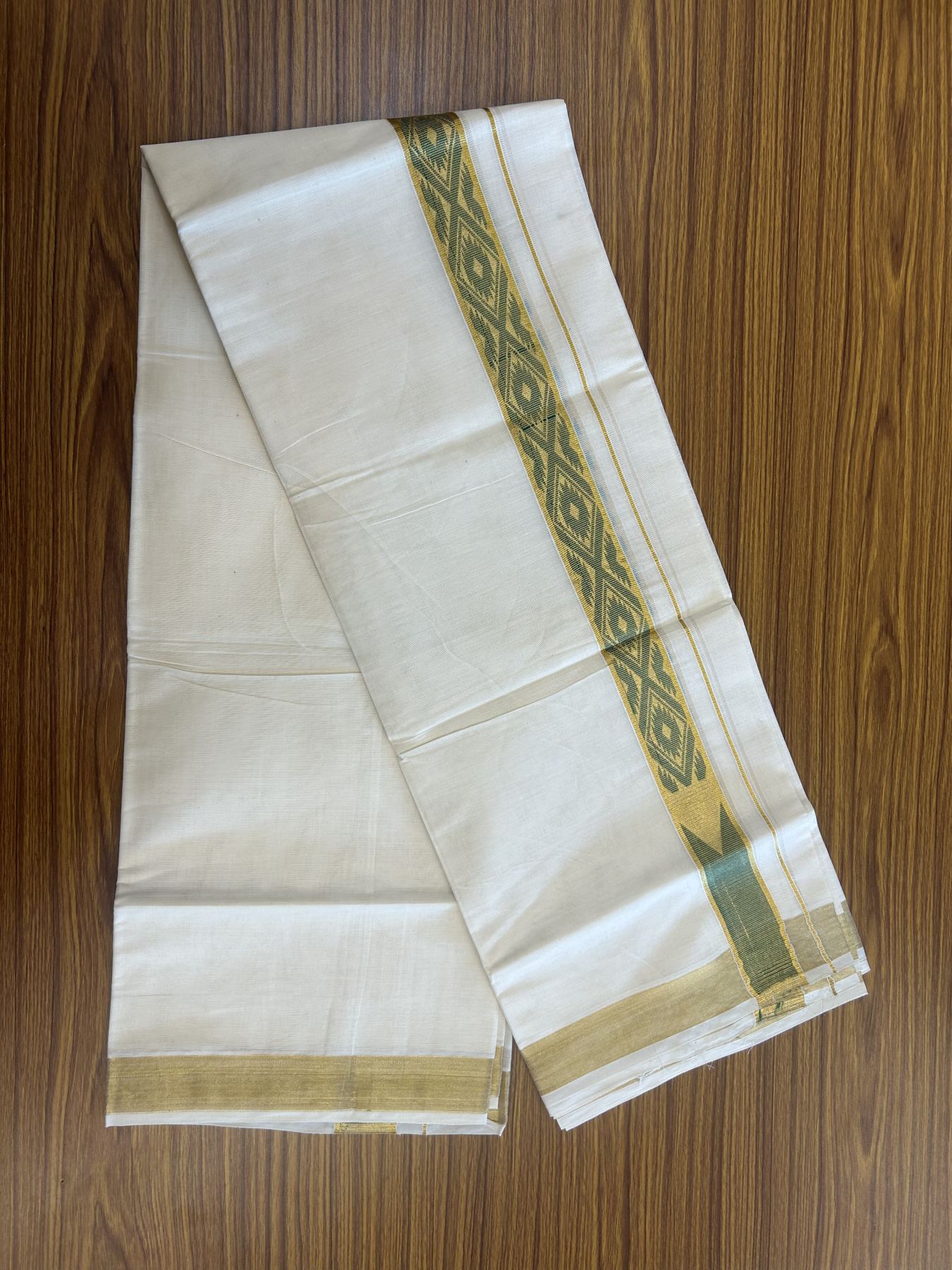 20% Discount! KaithariKada Balaramapuram Double Off White - (Unbleached) Mund/Dhoti - Cotton mix - 100X80- 1.5 inch Kasav Green Jacquard design chutty Kara 3.90 mtr (8 Muzham) - 4 KK5313 PMC