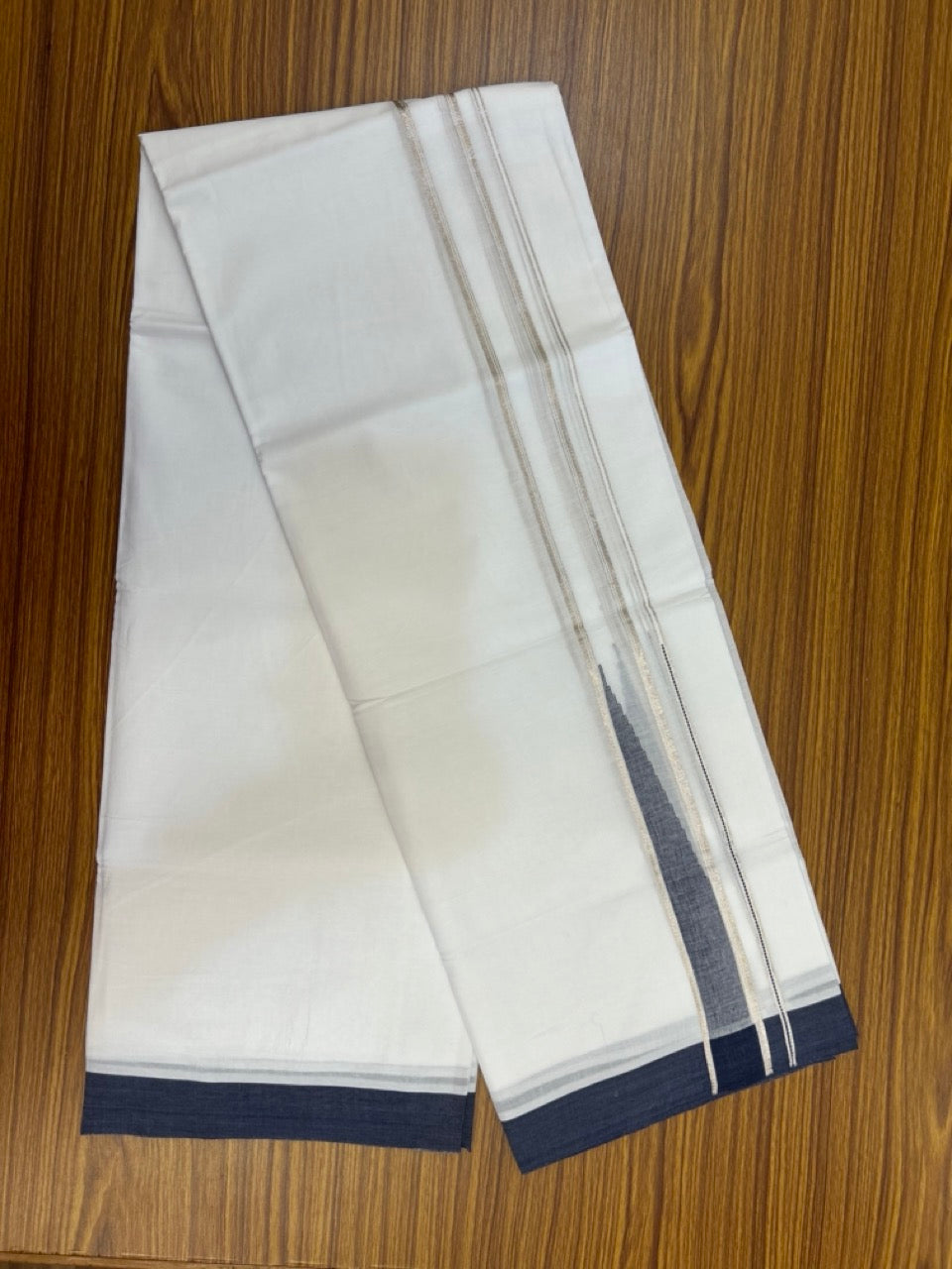 20% Discount! KaithariKada Balaramapuram 100% Cotton Double Pure white Mundu/Dhoti- 100x80 - 1.5 inch Silver & Navy Blue Chutty kara - 3.90mtr ( 8 muzham) - 77 KK5279 CKS