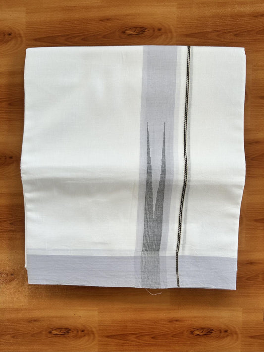 Double Pure White Mundu/Dhoti - 20% Discount !! KaithariKada Balaramapuram 100% Cotton - 100x80 - 1.25 inch Light Lavender & Black Silver Chutty Kara 3.80 mtr (8 muzham) - 21 KK5414 CKS