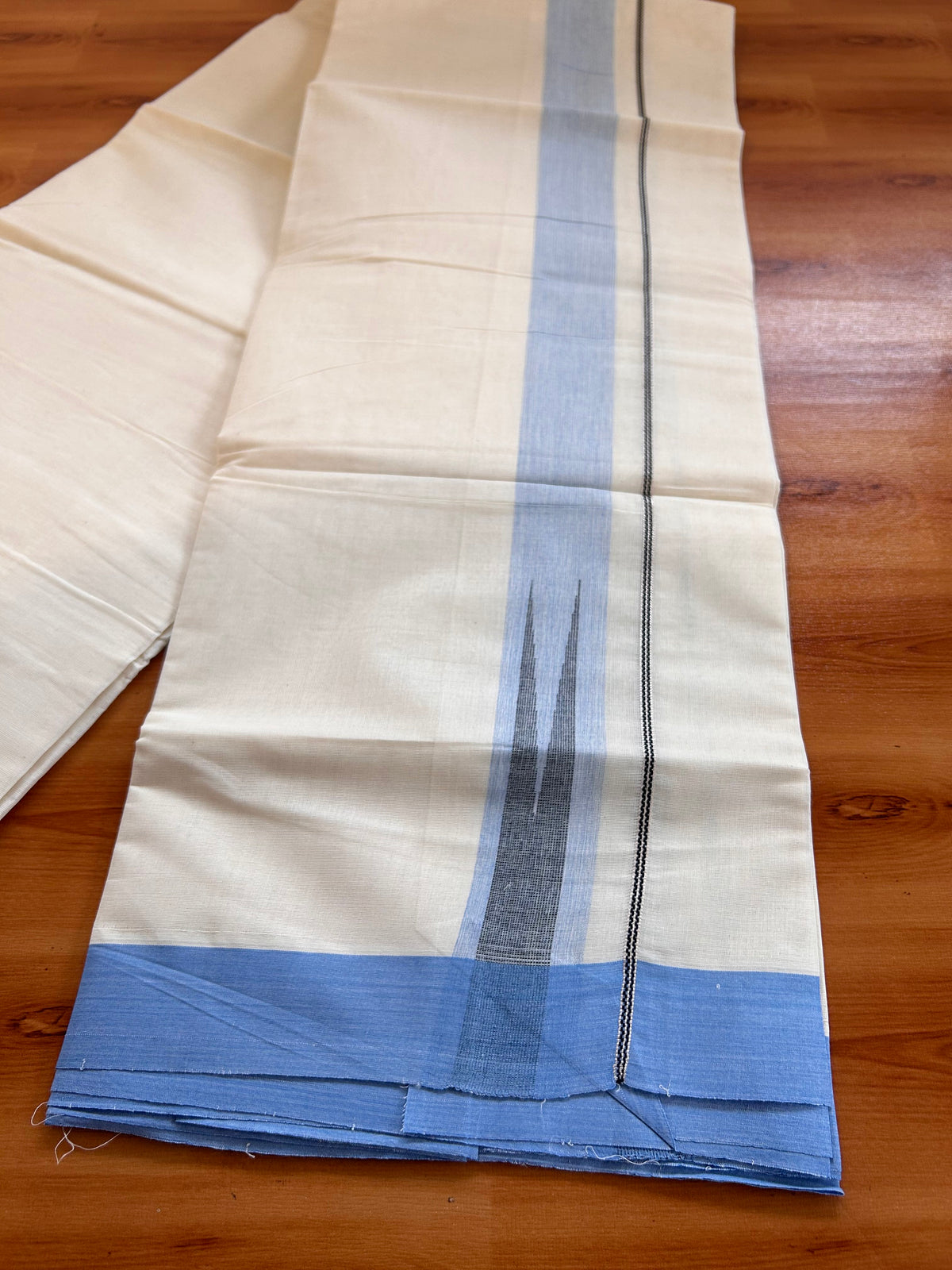 Double off white (Unbleached) Mund/Dhoti - 20% Discount! KaithariKada Pulimood Pure Cotton - 100X80 - 1.5 inch Silver kasav Light Blue  & Black Shades Striped chutty 4 m (8.5 Muzham) - 1 KK5537 VAS