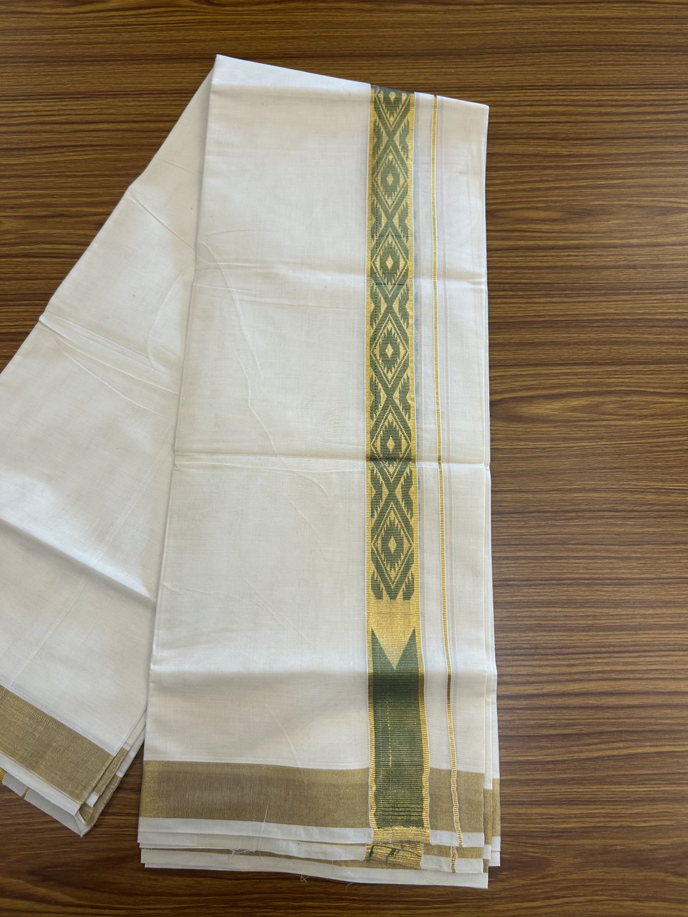 20% Discount! KaithariKada Balaramapuram Double Off White - (Unbleached) Mund/Dhoti - Cotton mix - 100X80- 1.5 inch Kasav Green Jacquard design chutty Kara 3.90 mtr (8 Muzham) - 4 KK5313 PMC